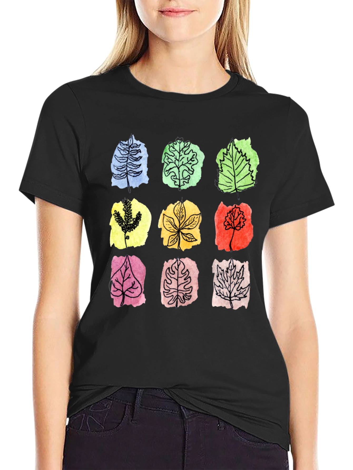 Botanical Leaf Print Black T-Shirt