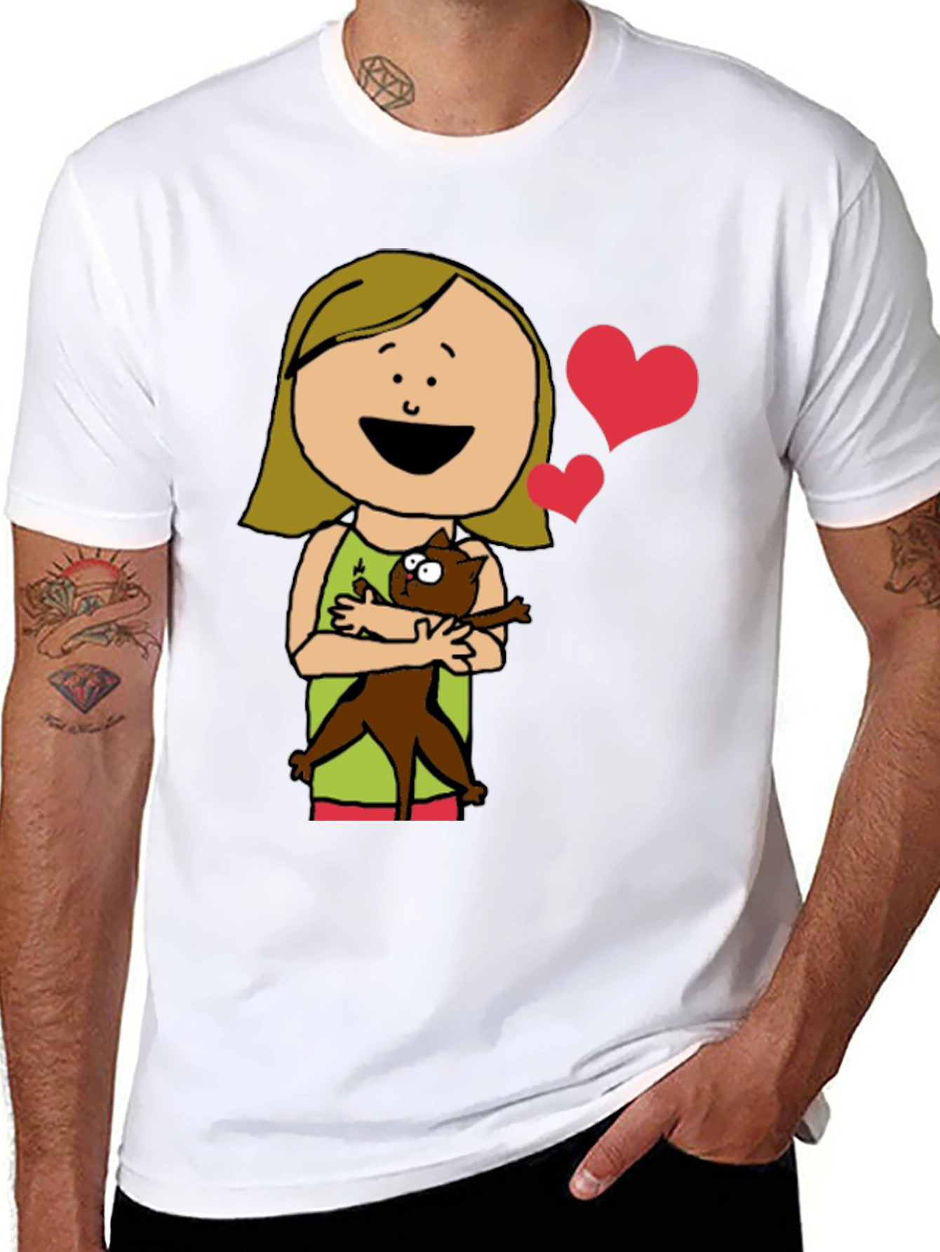 Cartoon Girl with Cat Graphic Tee