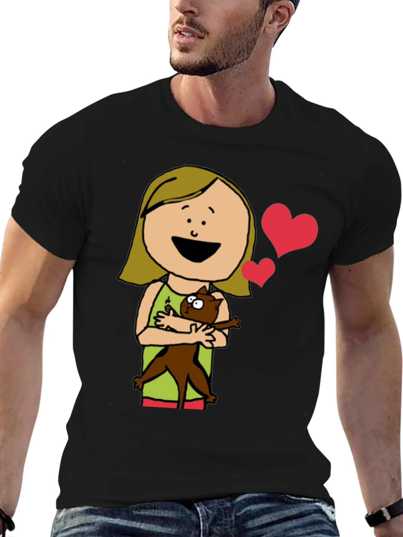 Cartoon Girl with Cat Graphic Tee