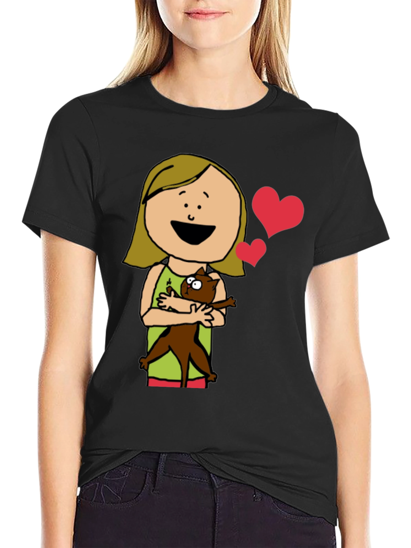 Cartoon Girl with Cat Graphic Tee