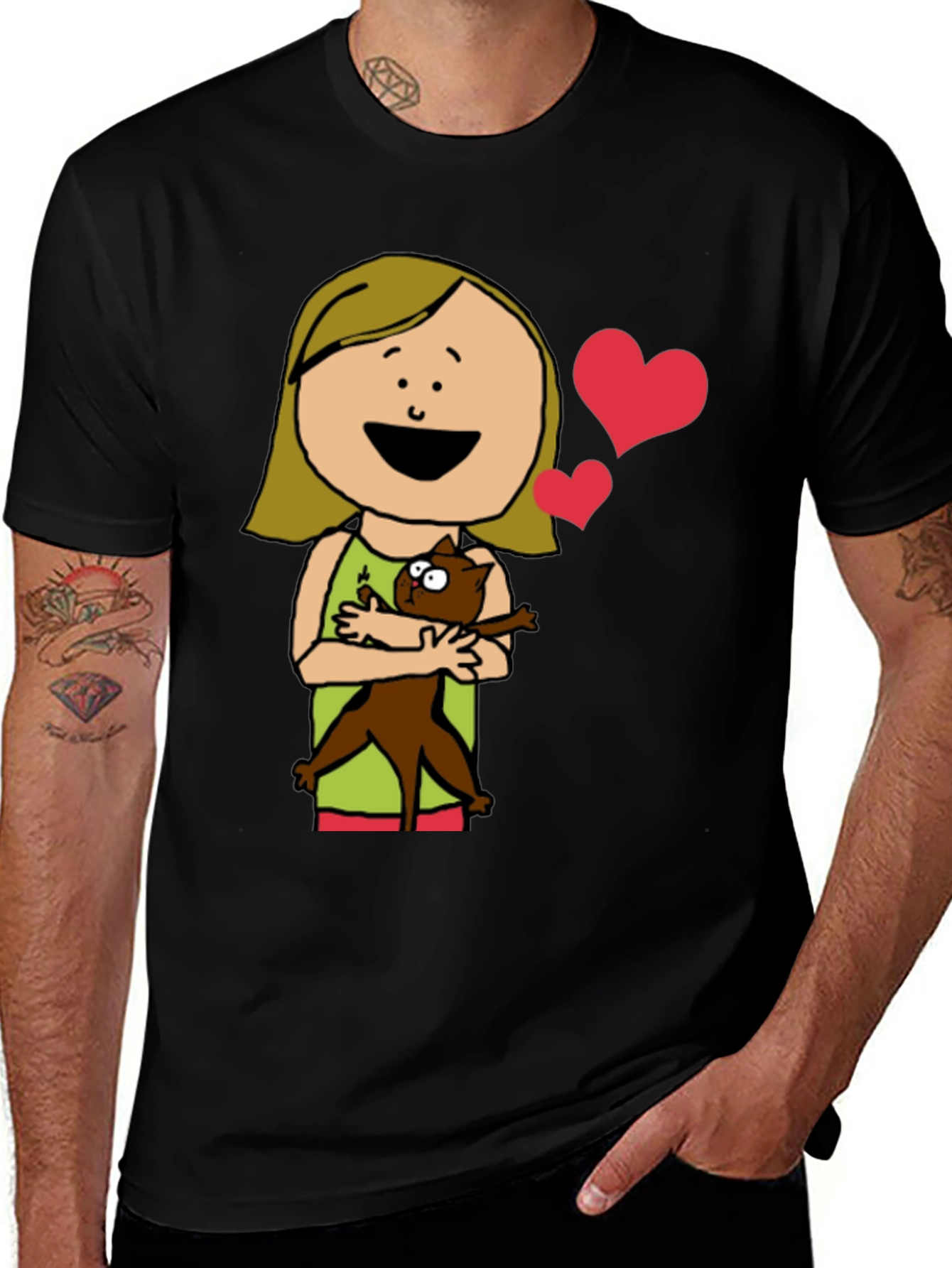 Cartoon Girl with Cat Graphic Tee