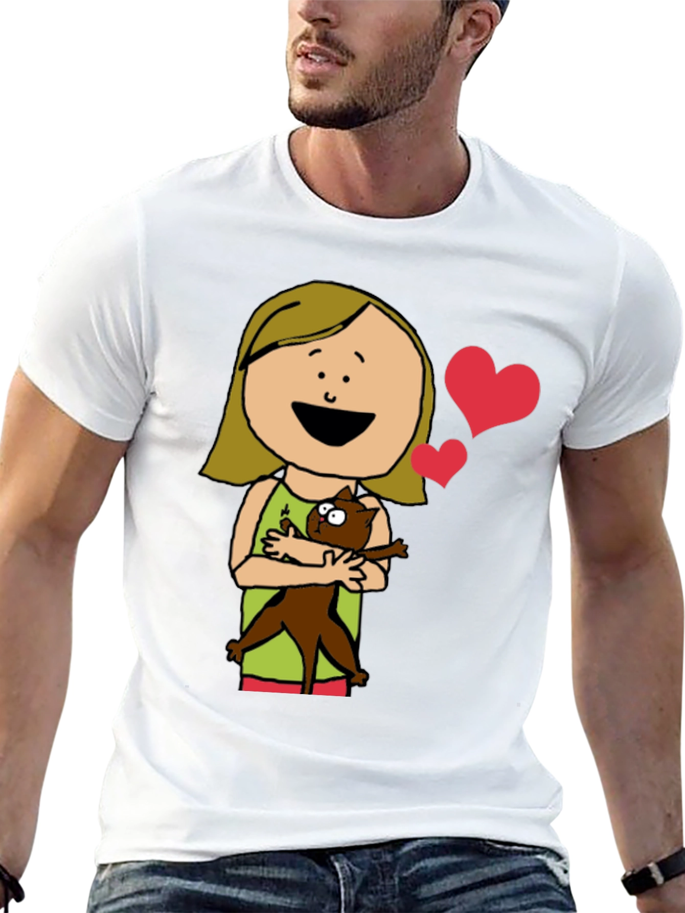 Cartoon Girl with Cat Graphic Tee