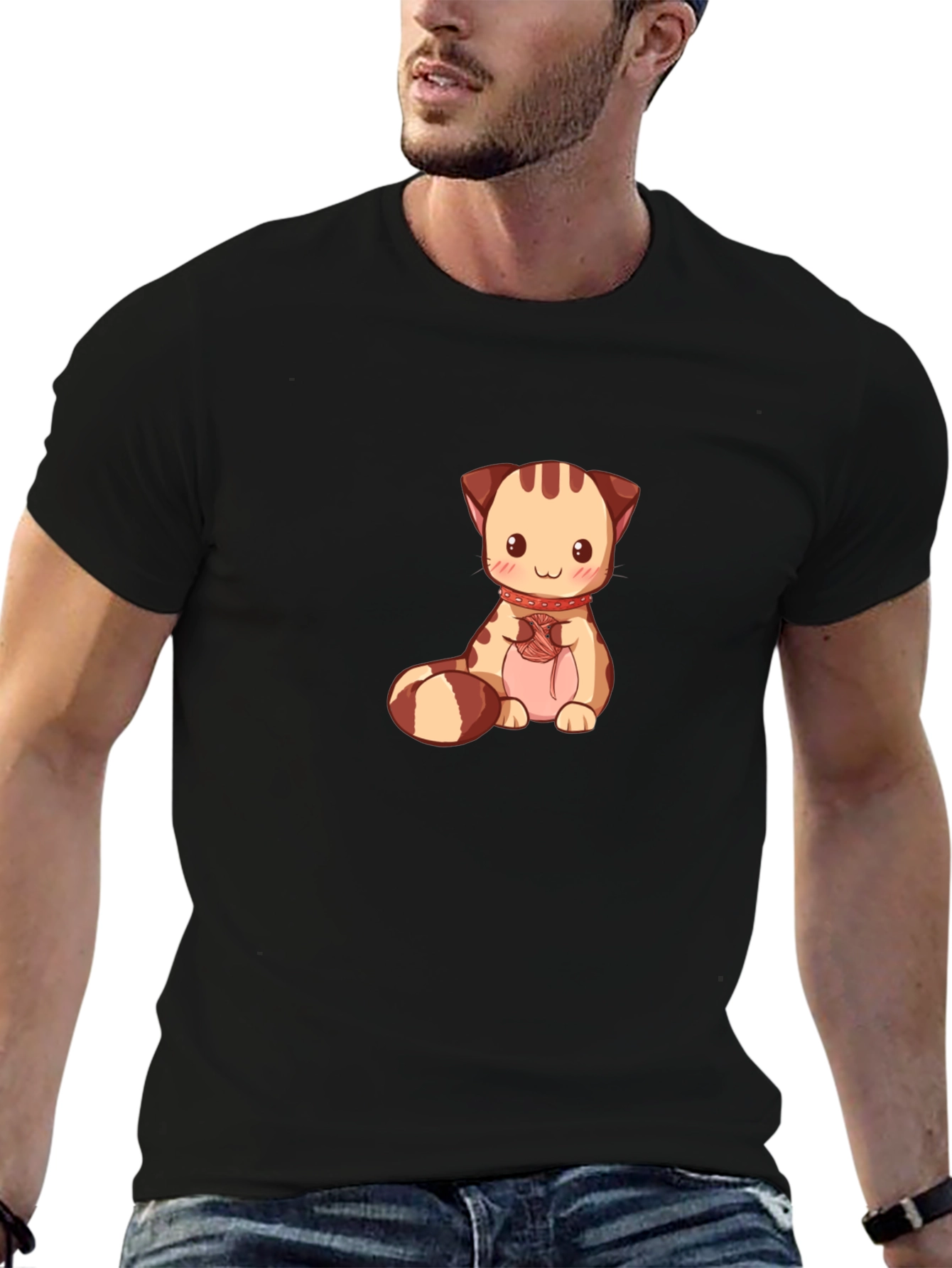 Cute Cartoon Cat Graphic Tee - Black