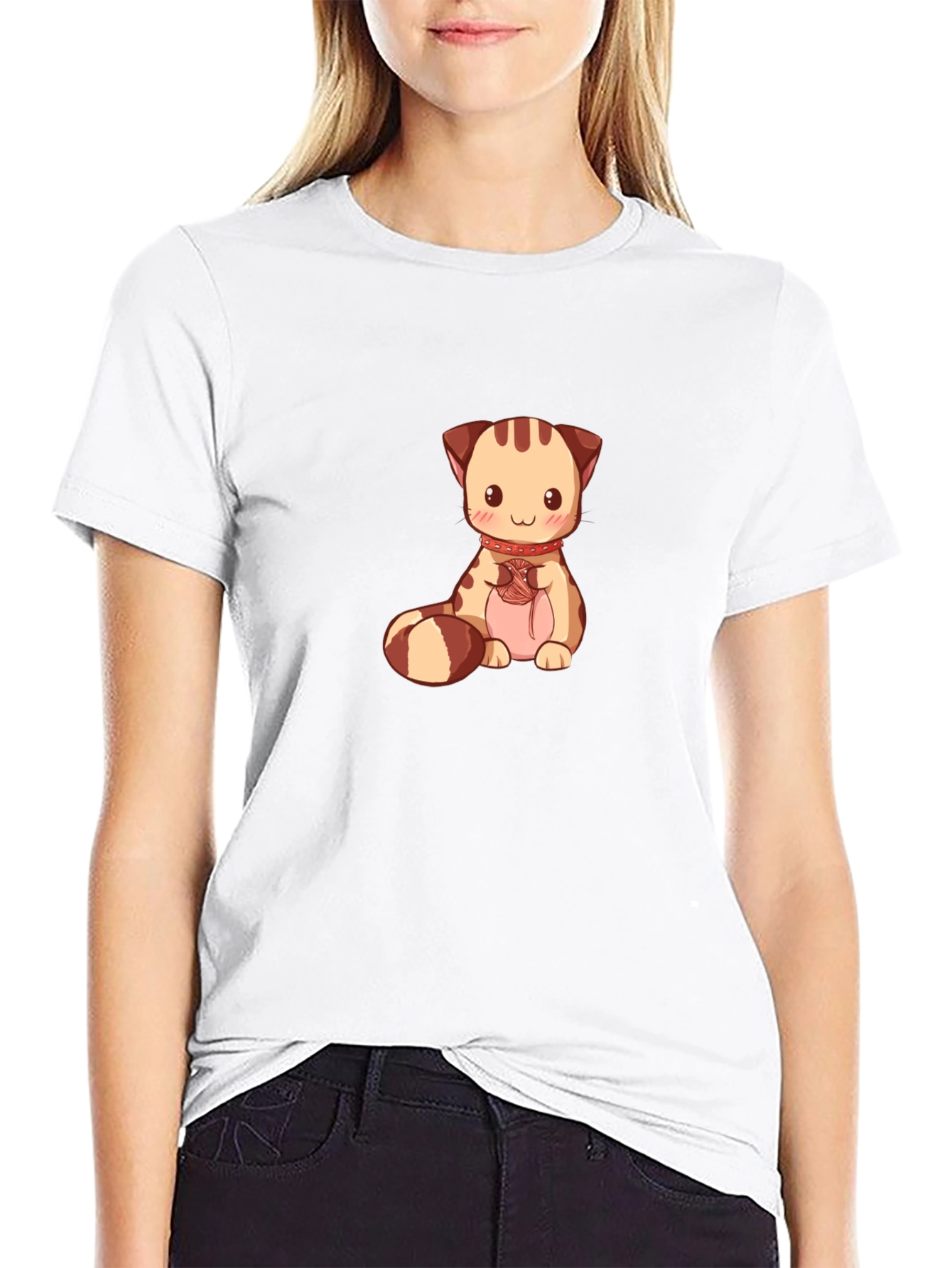 Cute Cartoon Cat Graphic Tee - Black
