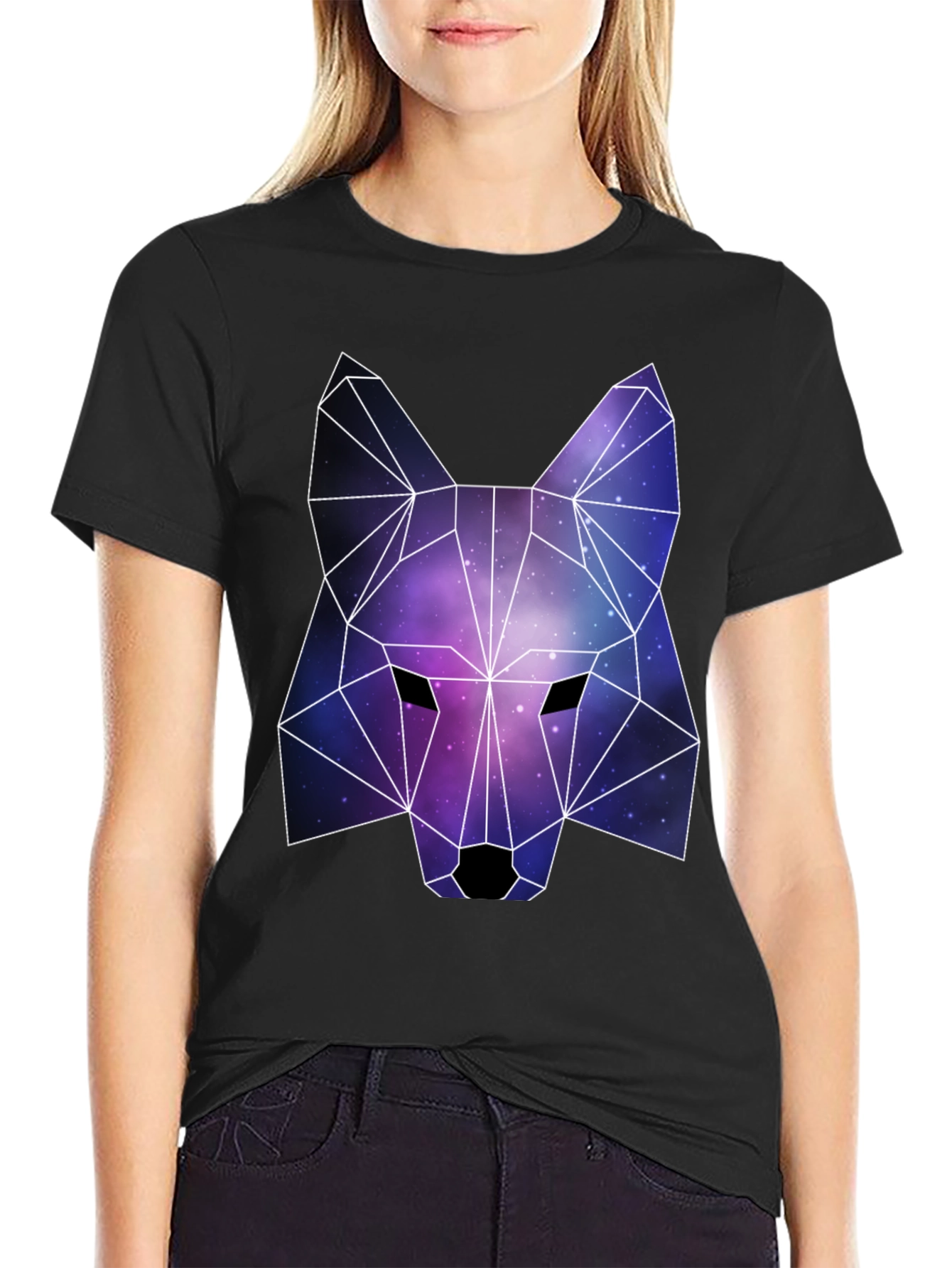 Geometric Galaxy Wolf Graphic Tee - Black Unisex T-Shirt