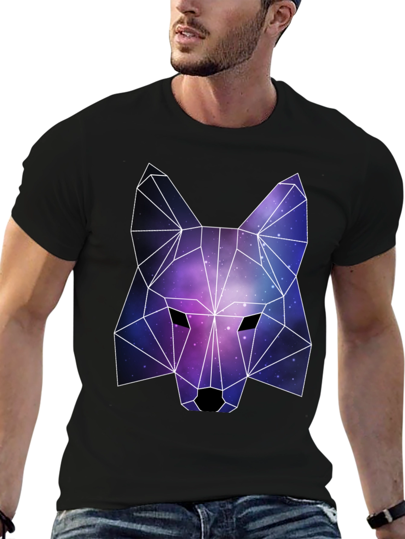 Geometric Galaxy Wolf Graphic Tee - Black Unisex T-Shirt
