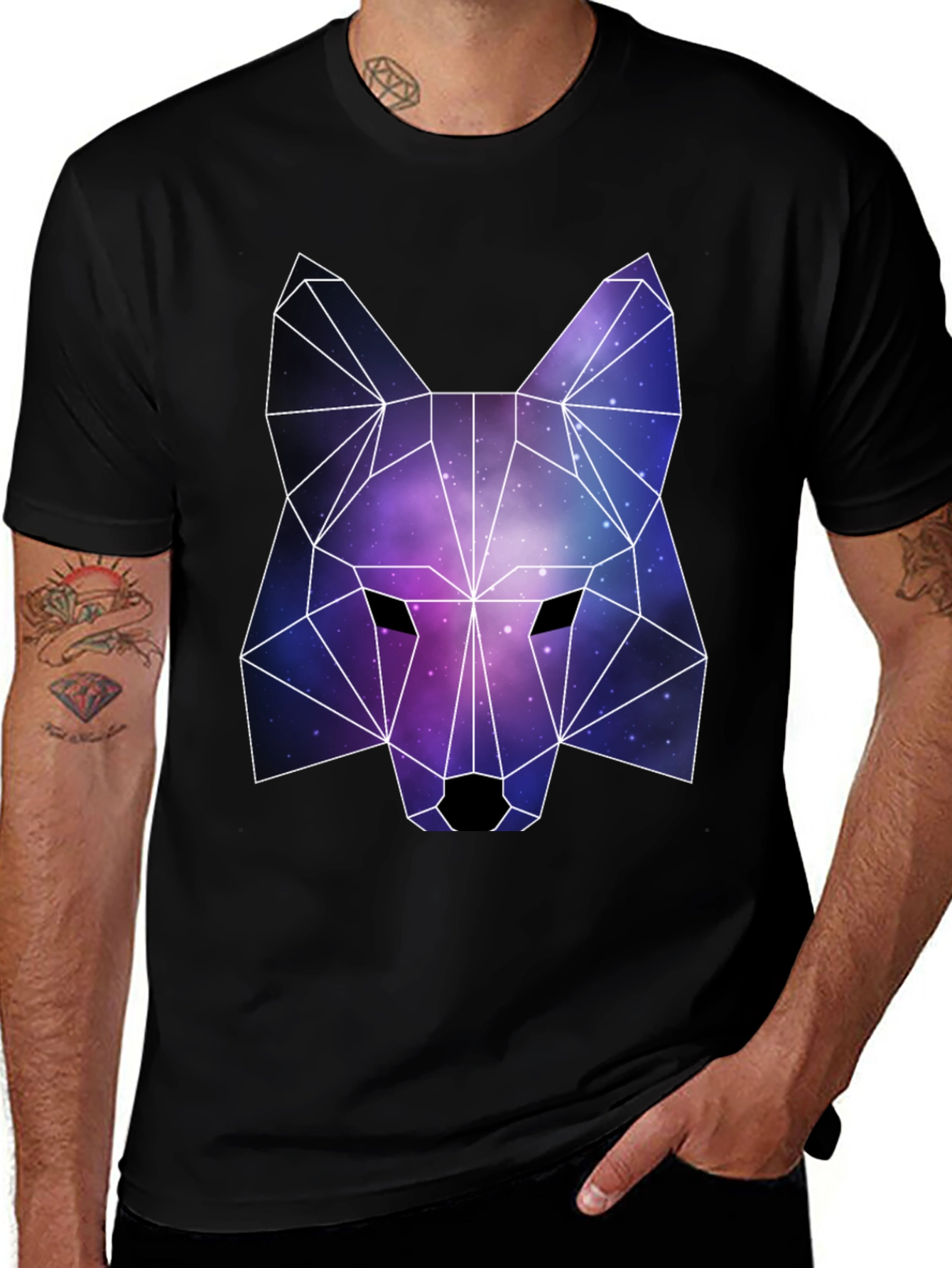Geometric Galaxy Wolf Graphic Tee - Black Unisex T-Shirt