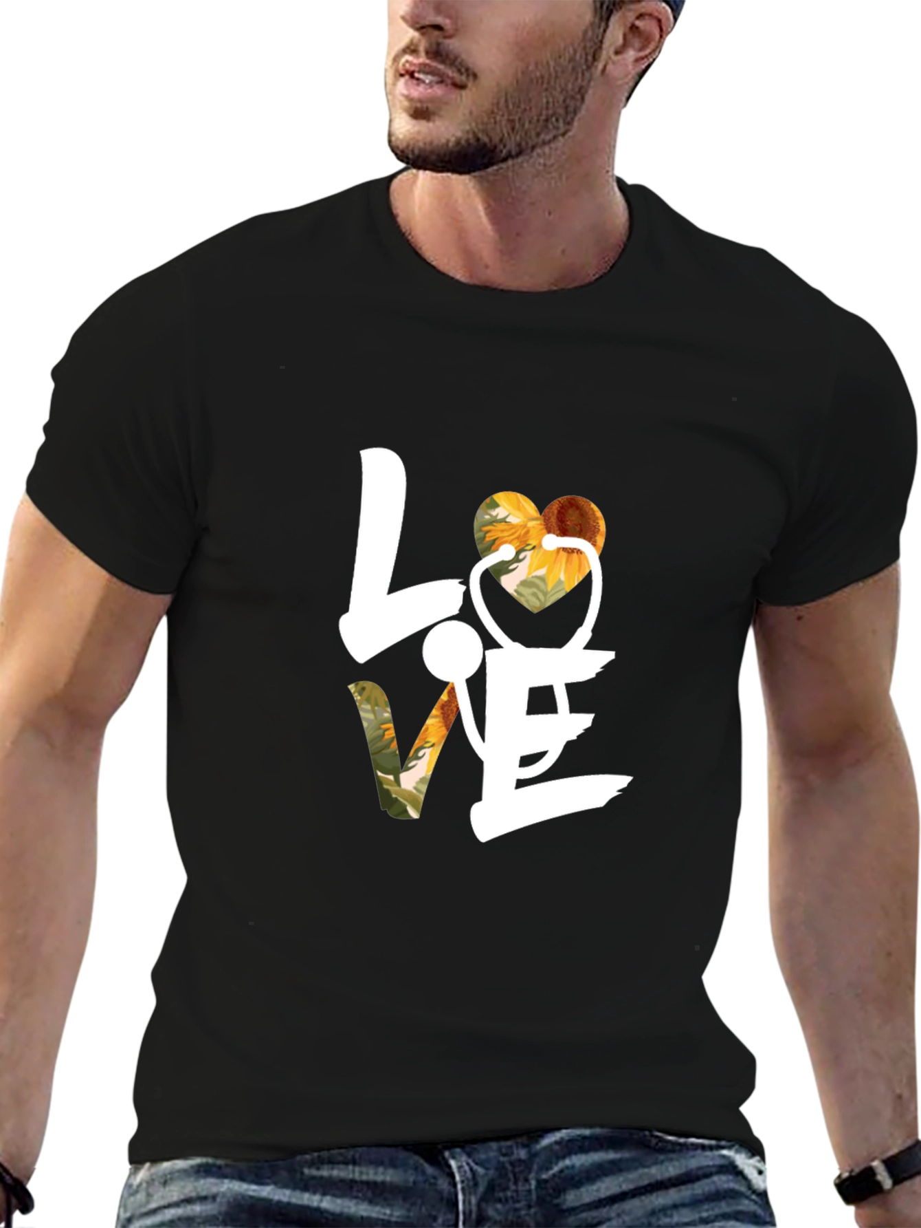 Love Sunflower Stethoscope Graphic T-Shirt