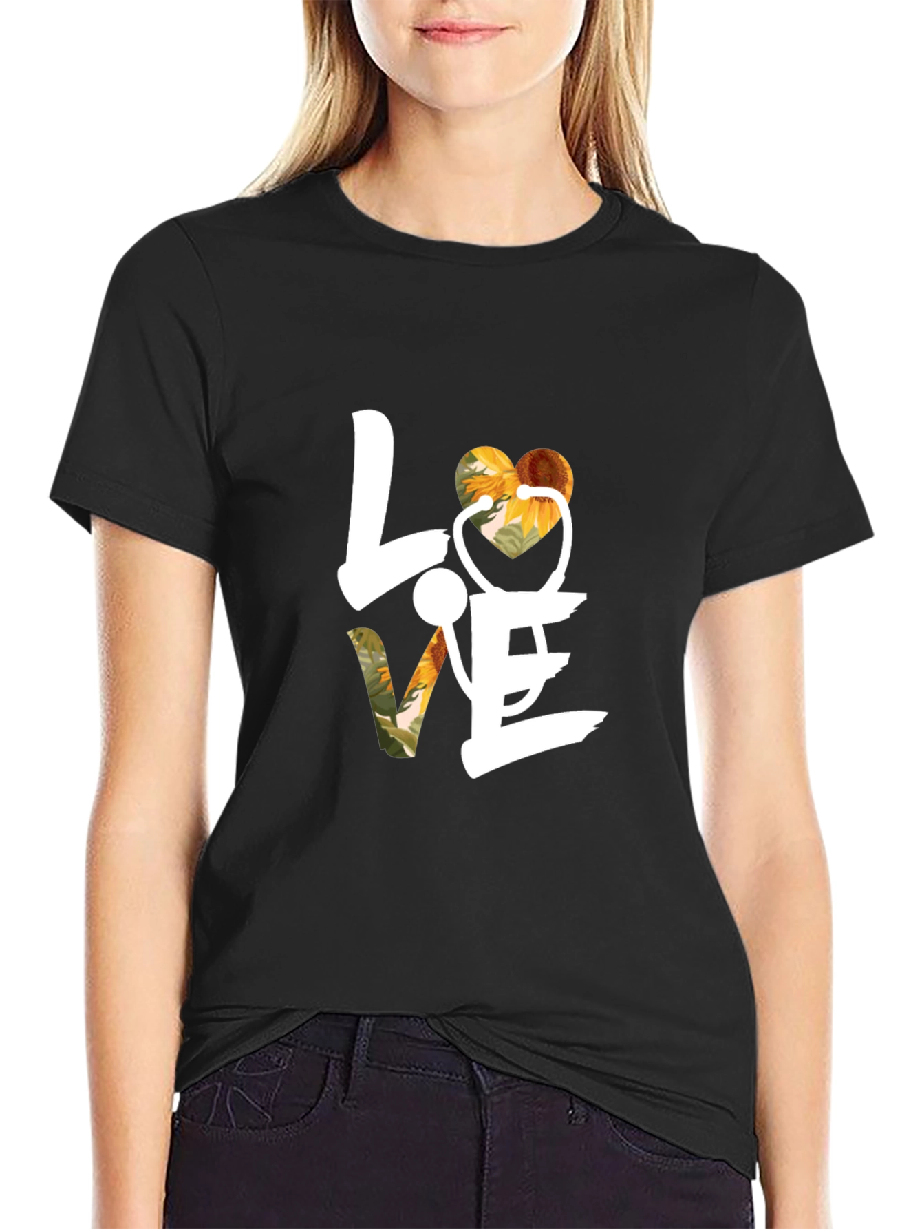 Love Sunflower Stethoscope Graphic T-Shirt