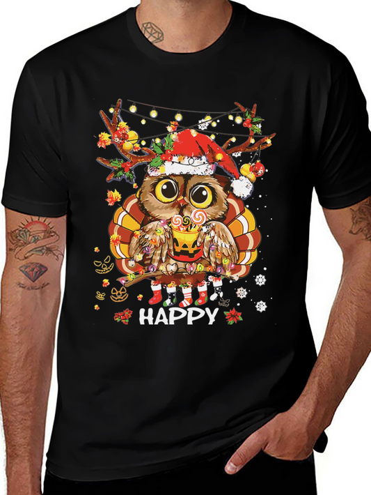 Holiday Owl T-Shirt: Happy Thanksgiving & Christmas
