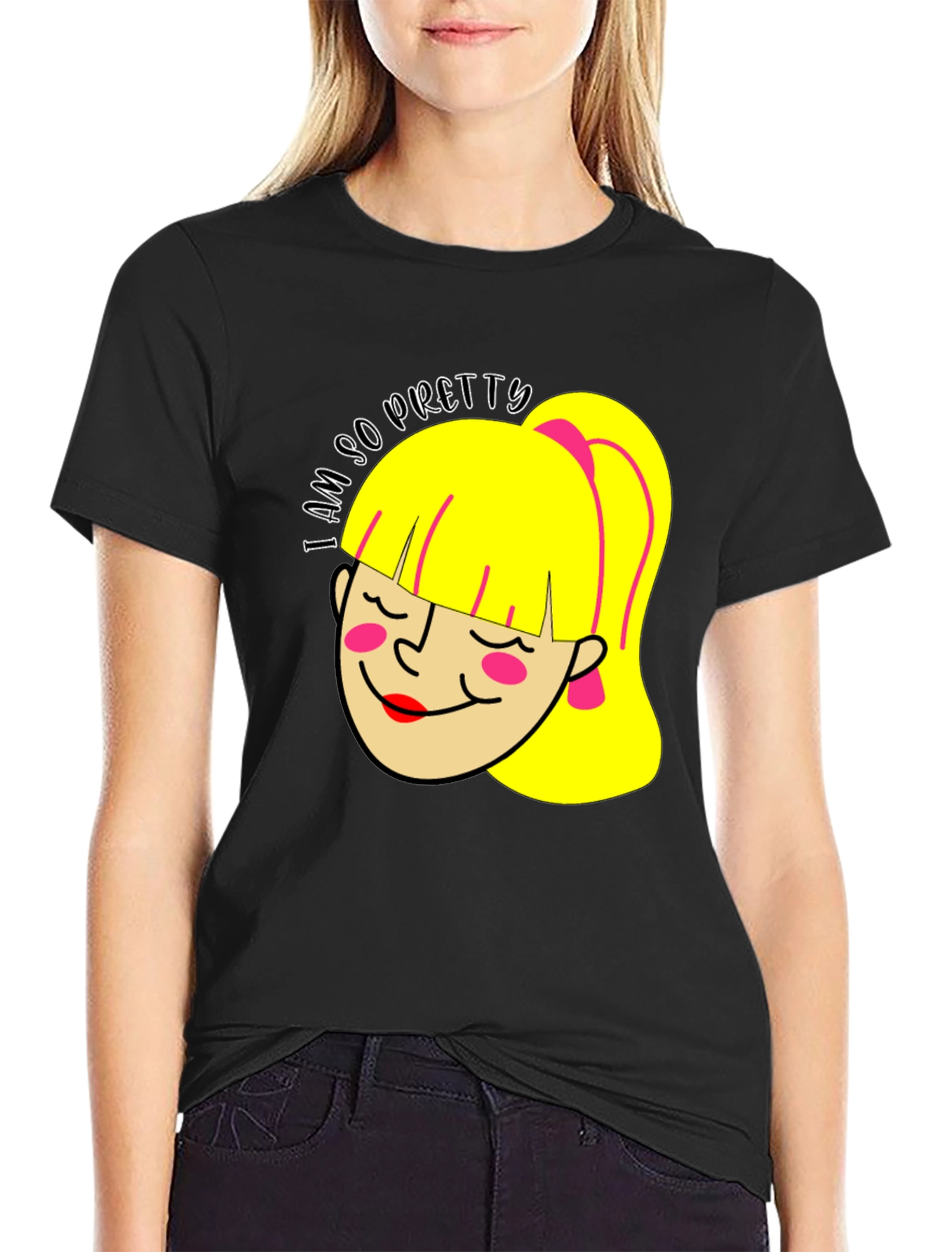I Am So Pretty Cartoon Girl Graphic Black Tee