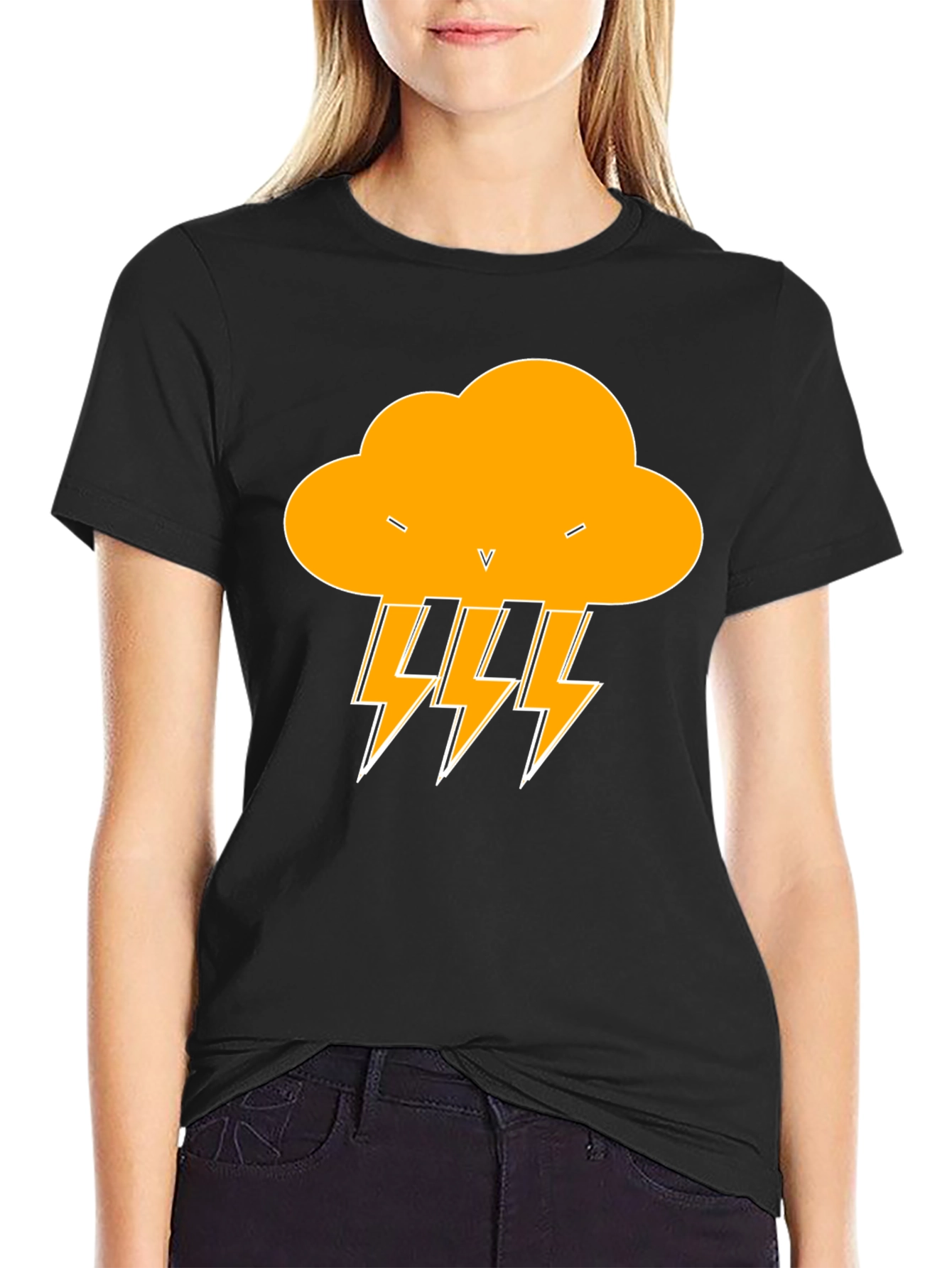 Black T-Shirt with Lightning Cloud Design