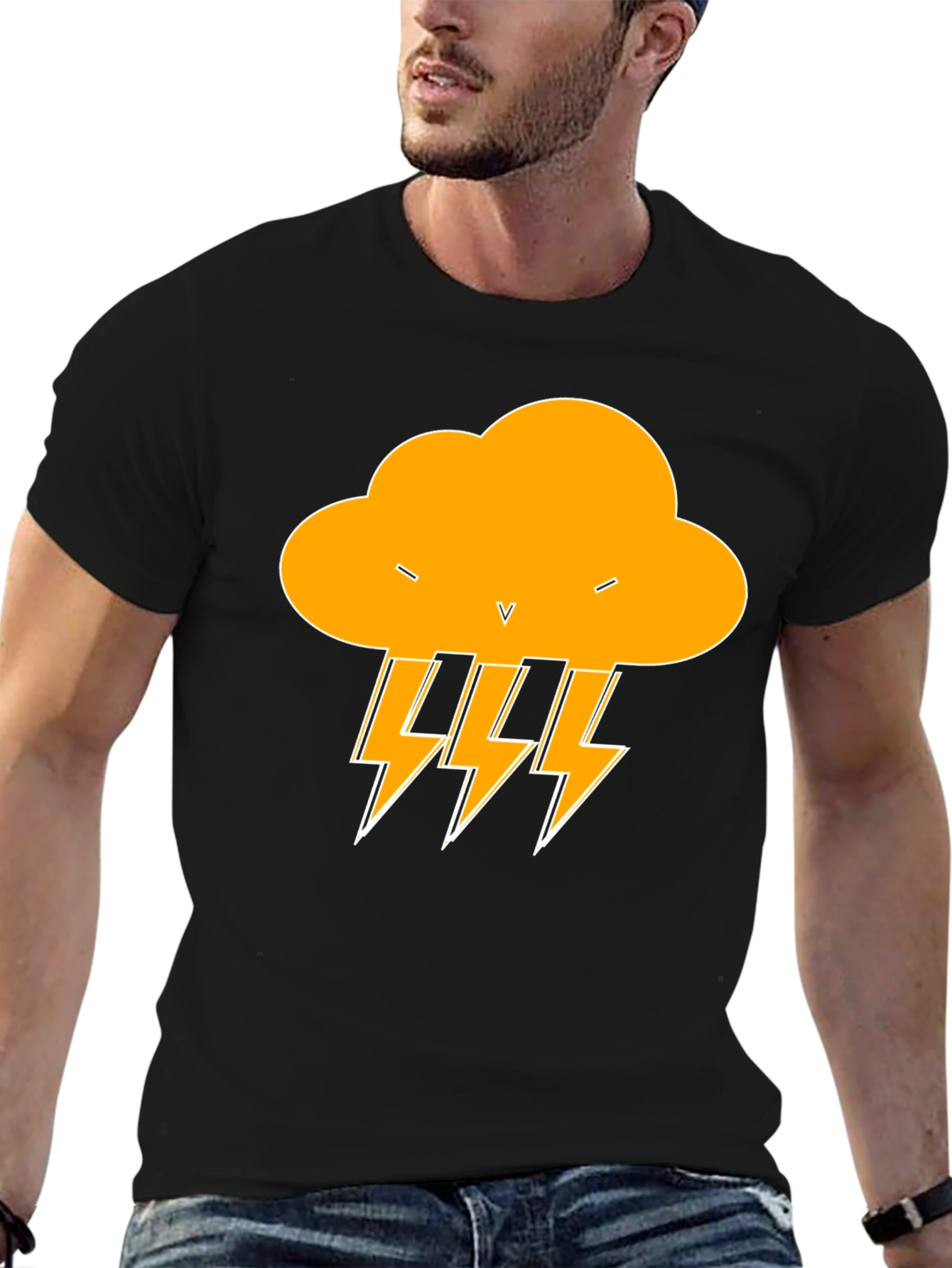 Black T-Shirt with Lightning Cloud Design