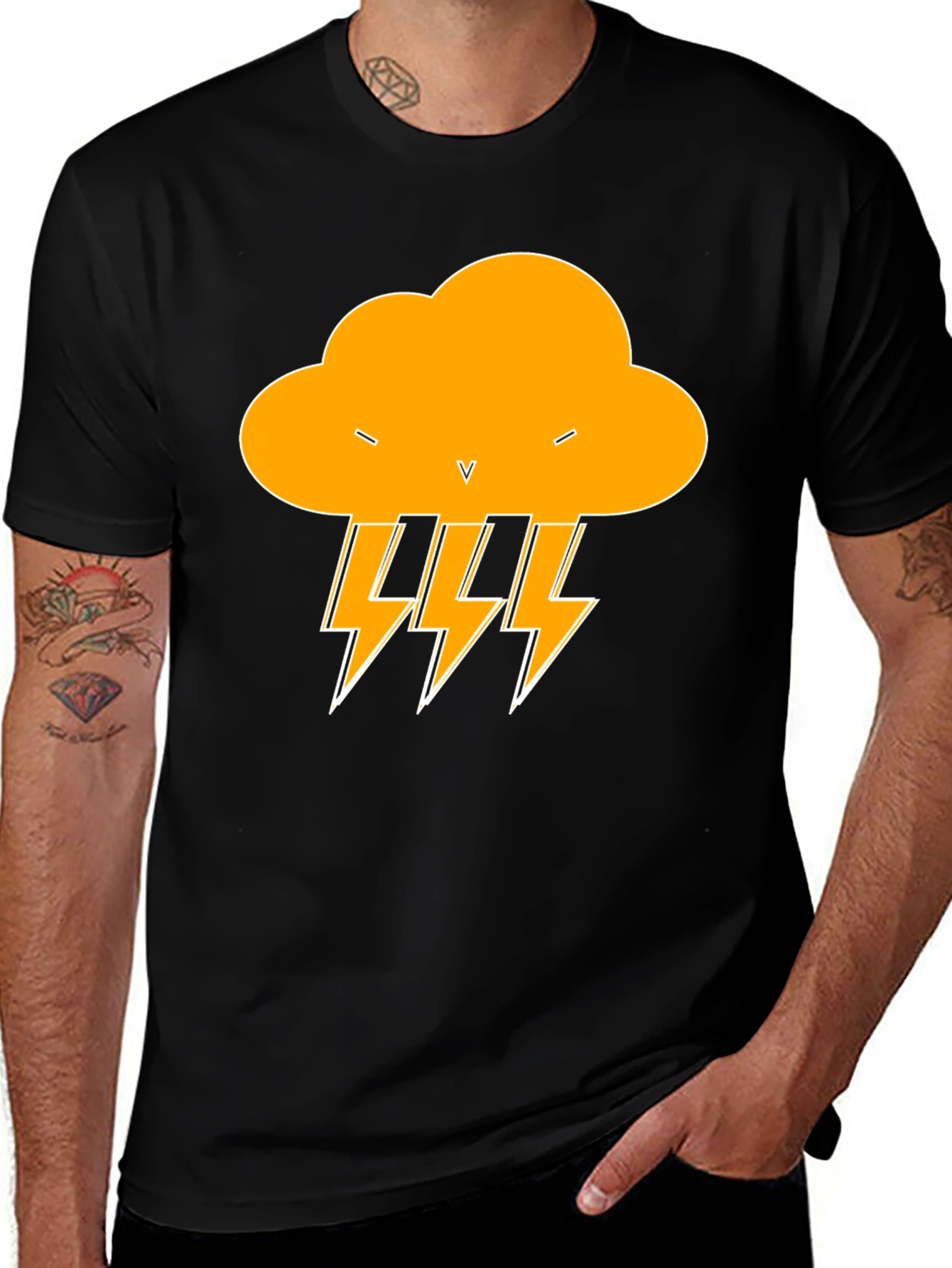 Black T-Shirt with Lightning Cloud Design