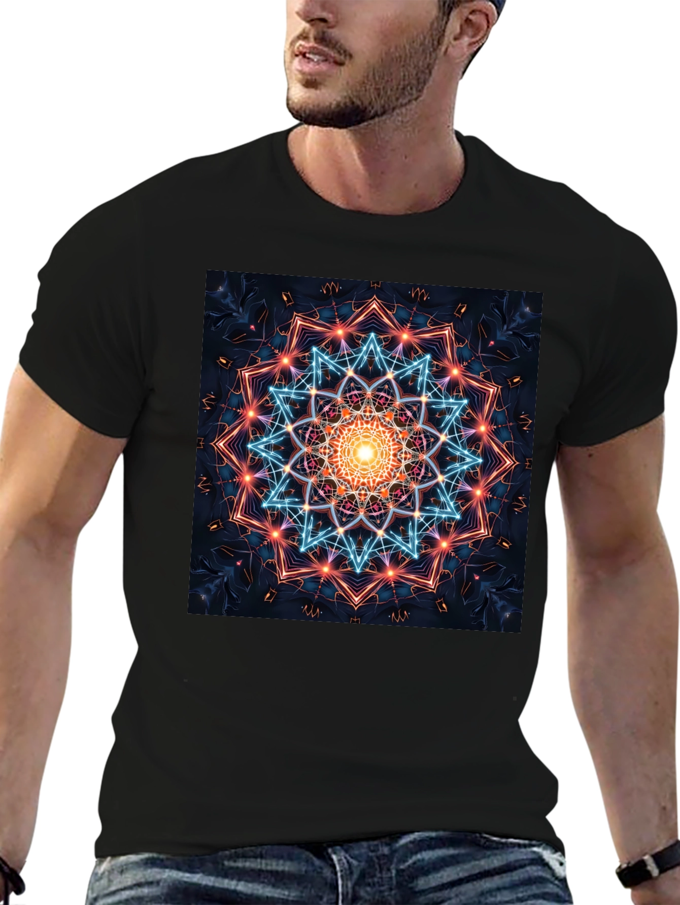 Geometric Mandala Graphic T-Shirt - Black