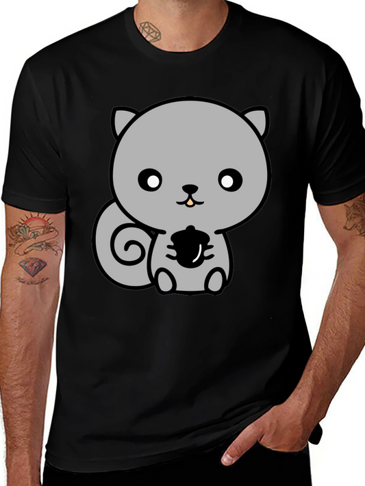 Cute Cartoon Squirrel Holding Acorn Black T-Shirt
