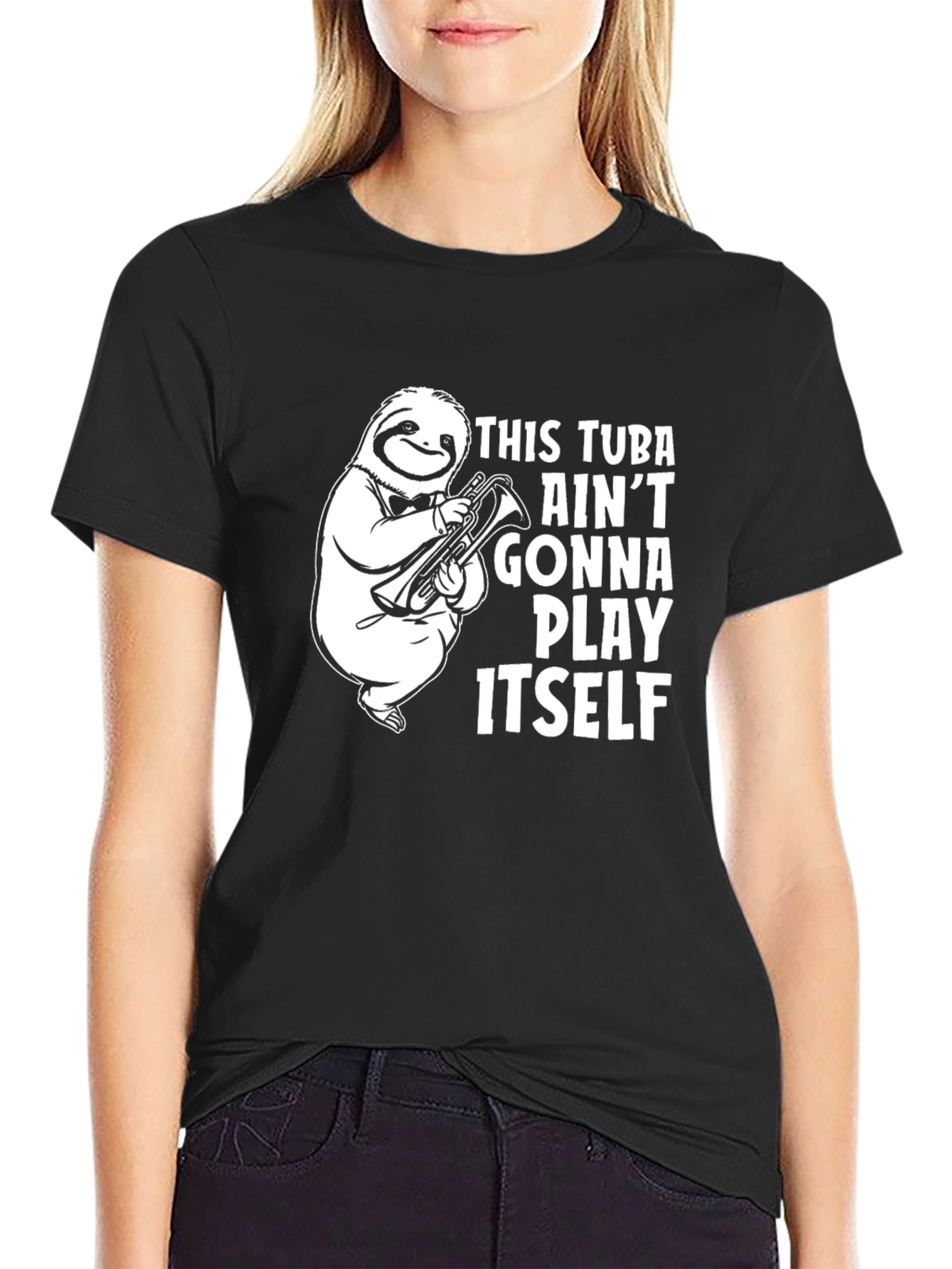Funny Sloth Tuba Player Black T-Shirt