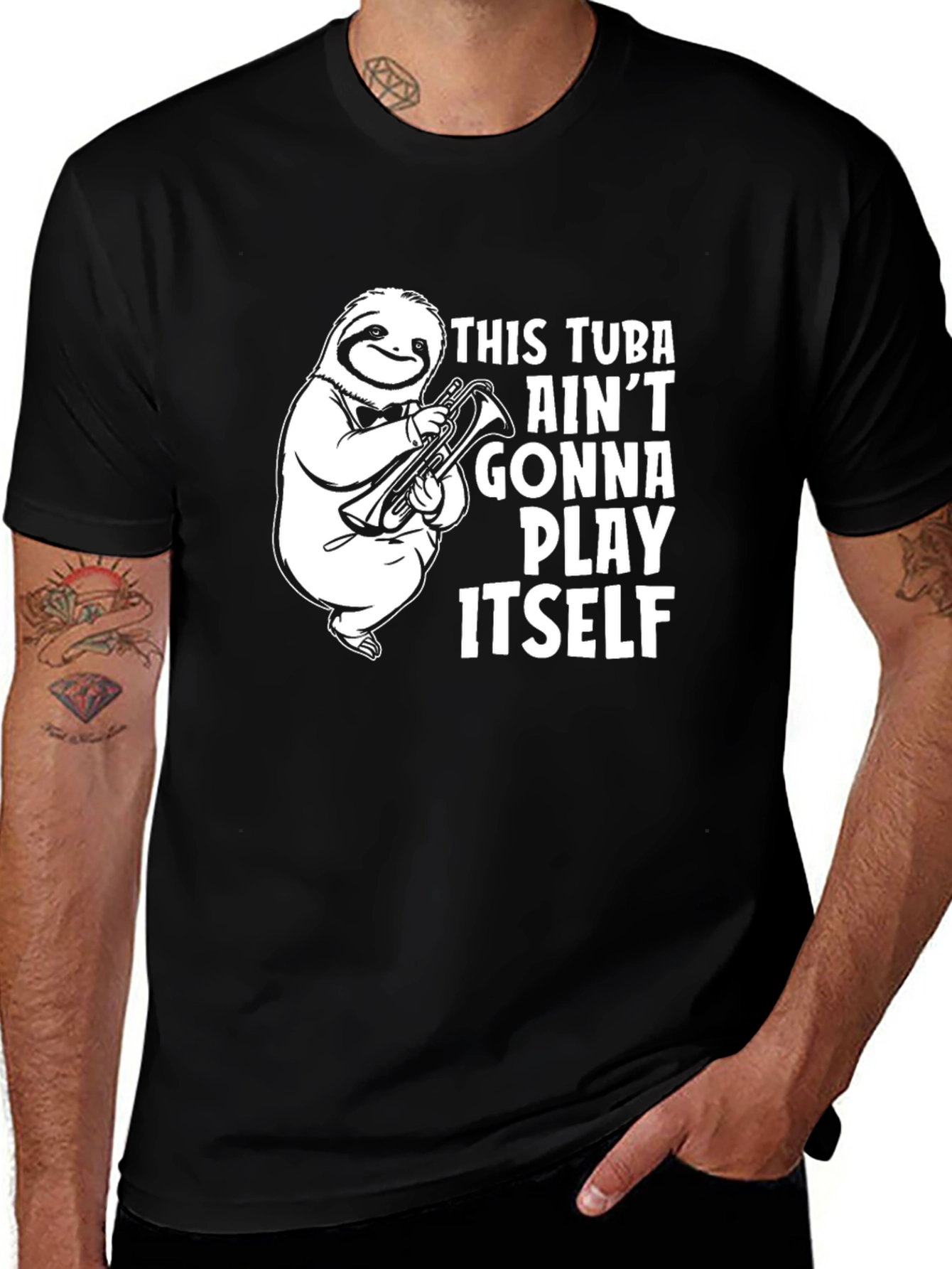 Funny Sloth Tuba Player Black T-Shirt