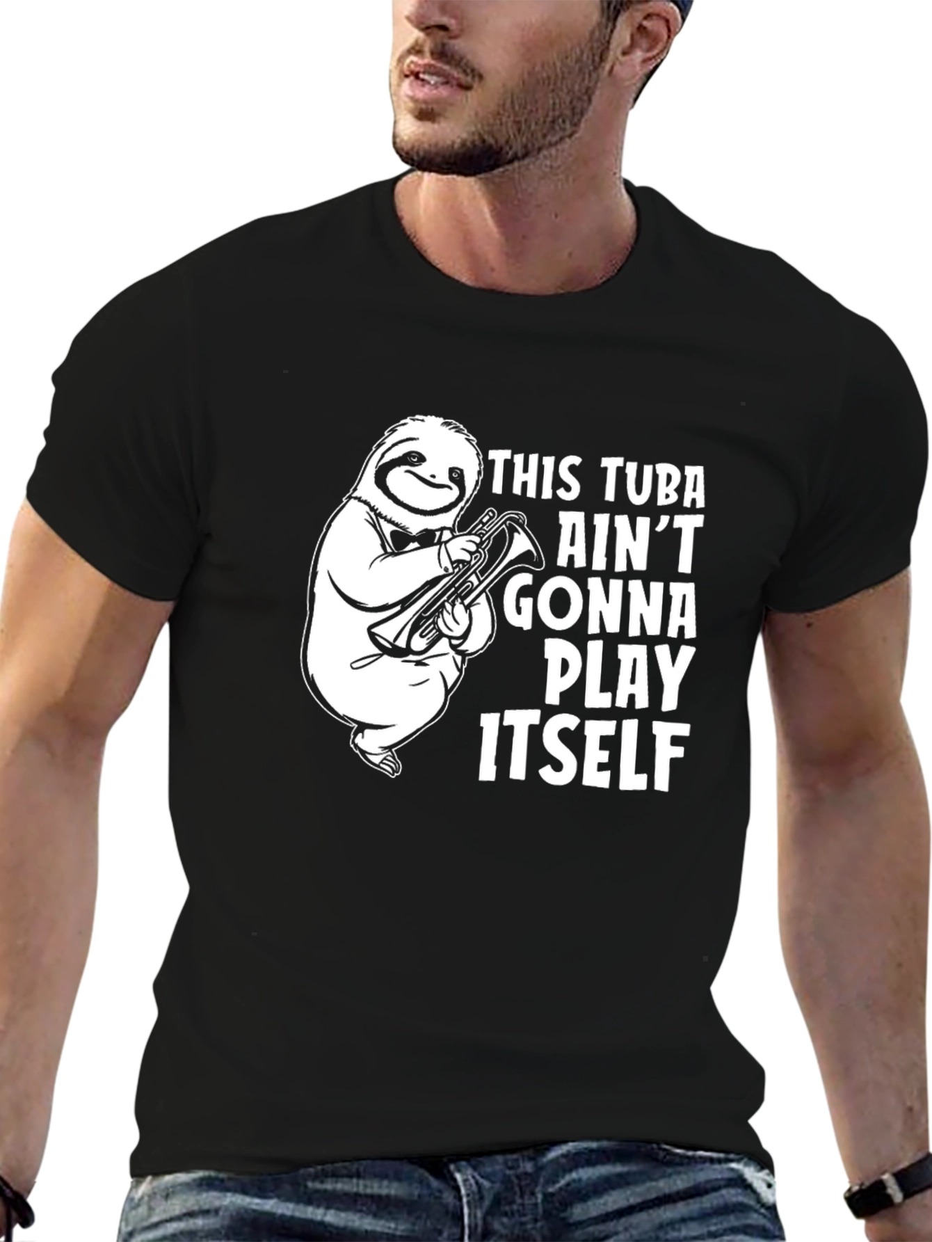 Funny Sloth Tuba Player Black T-Shirt