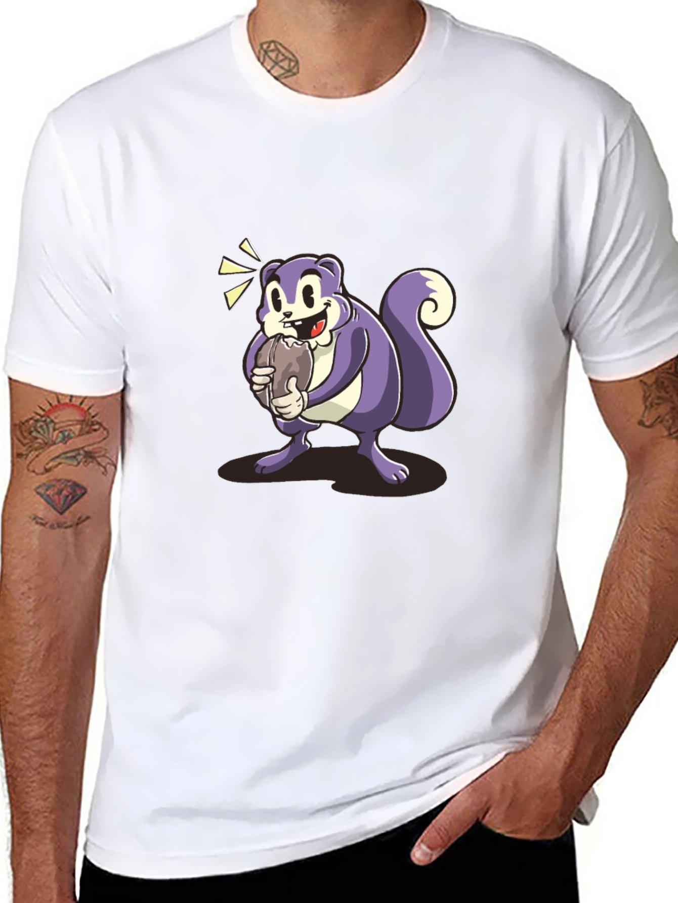 Cartoon Squirrel Graphic Tee - Black Cotton Blend