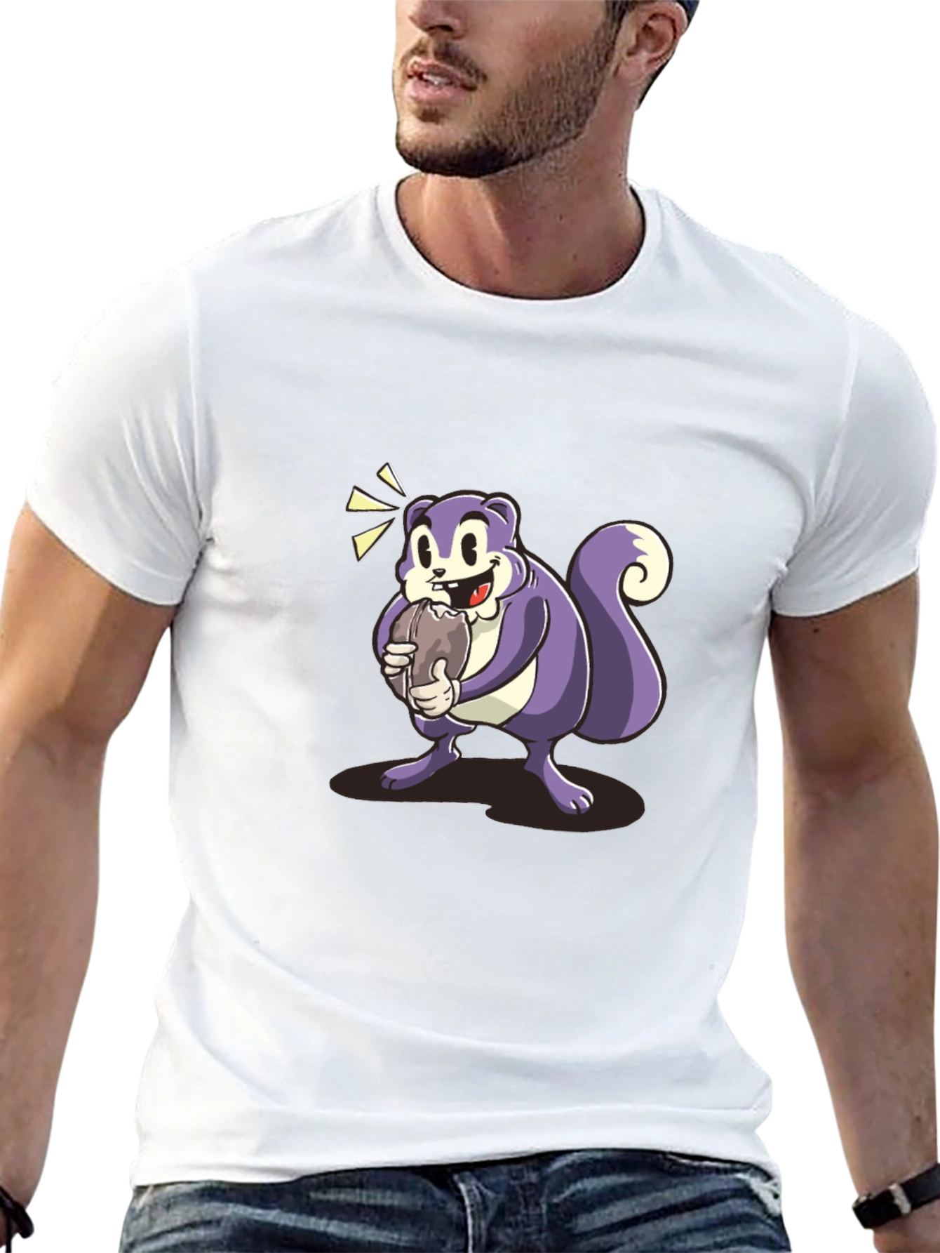Cartoon Squirrel Graphic Tee - Black Cotton Blend