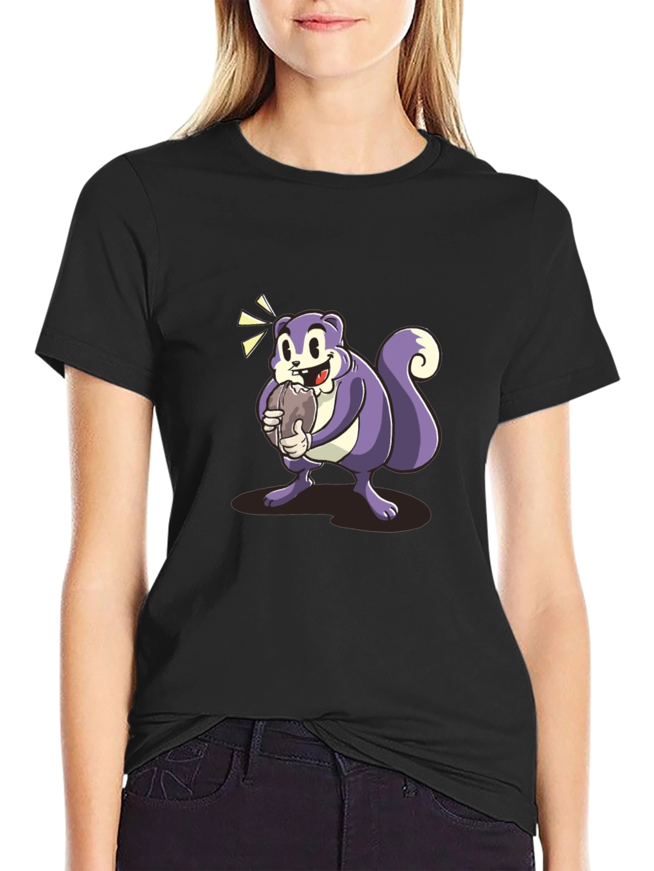 Cartoon Squirrel Graphic Tee - Black Cotton Blend