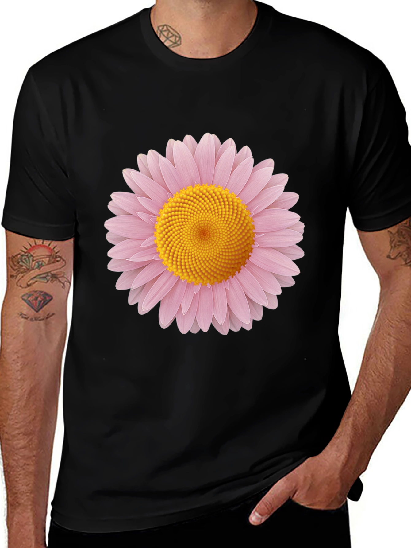 Black T-Shirt with Pink and Yellow Daisy Graphic