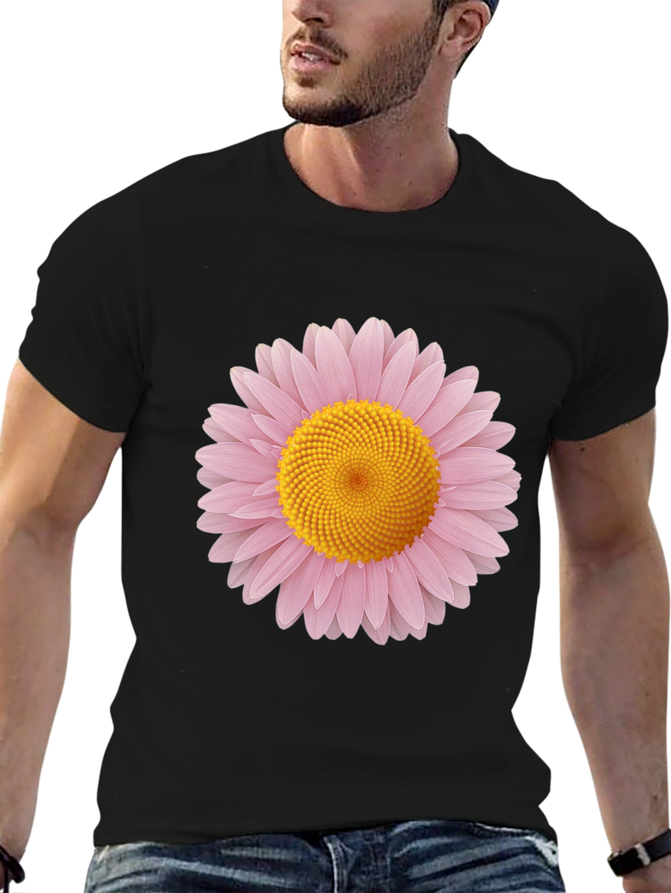 Black T-Shirt with Pink and Yellow Daisy Graphic
