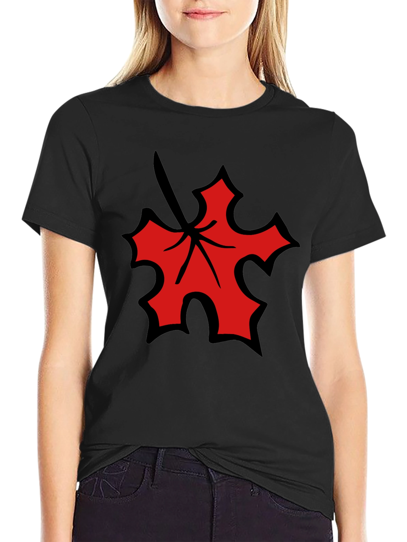 Red Leaf Graphic Black T-Shirt