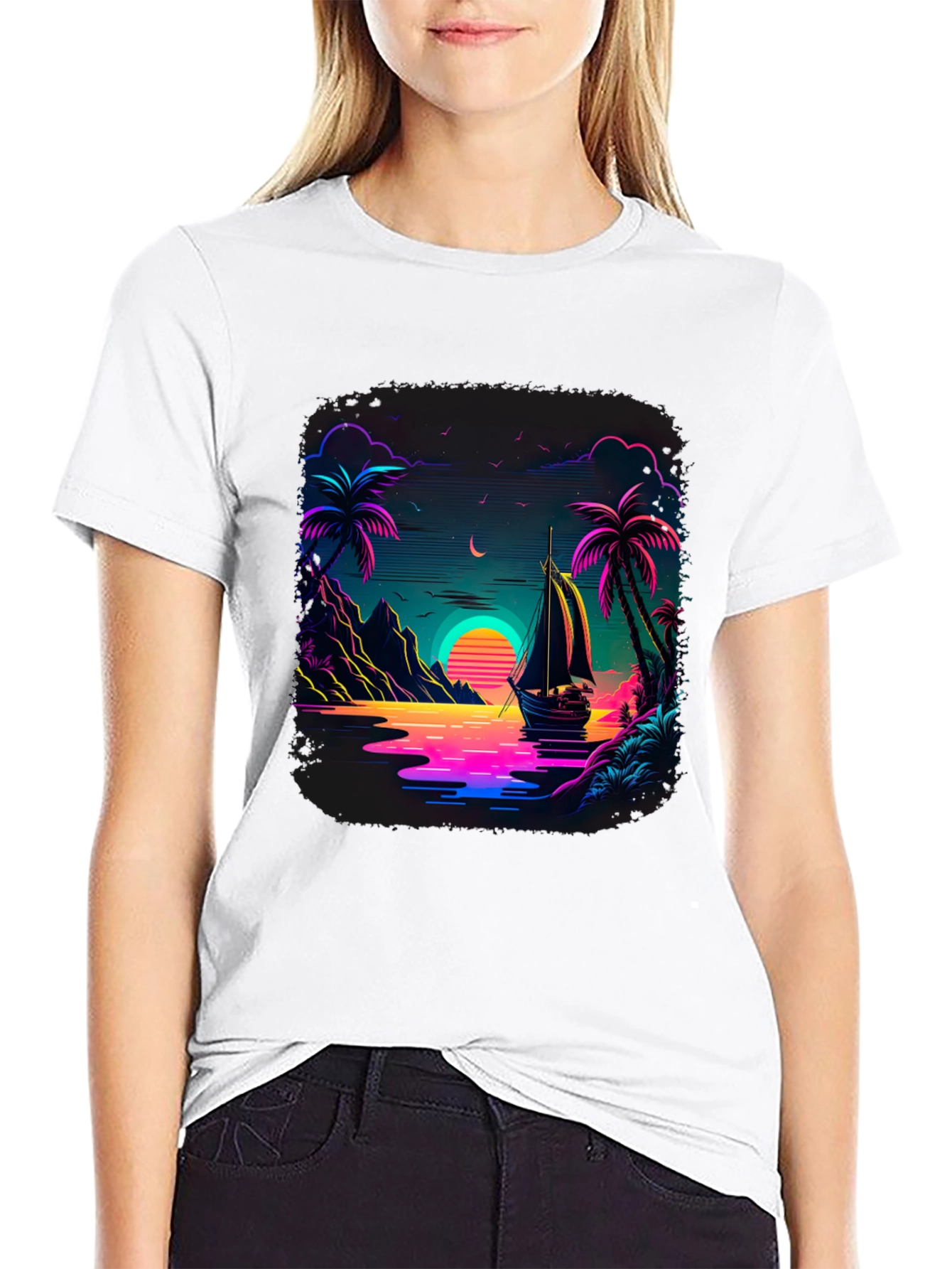 Neon Sunset Sailboat Graphic Tee