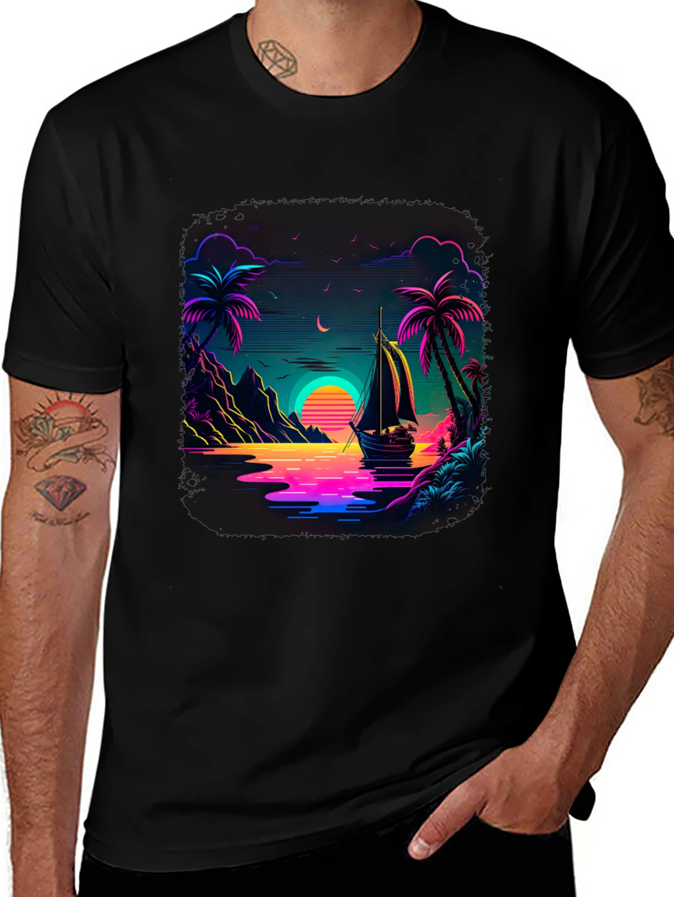 Neon Sunset Sailboat Graphic Tee
