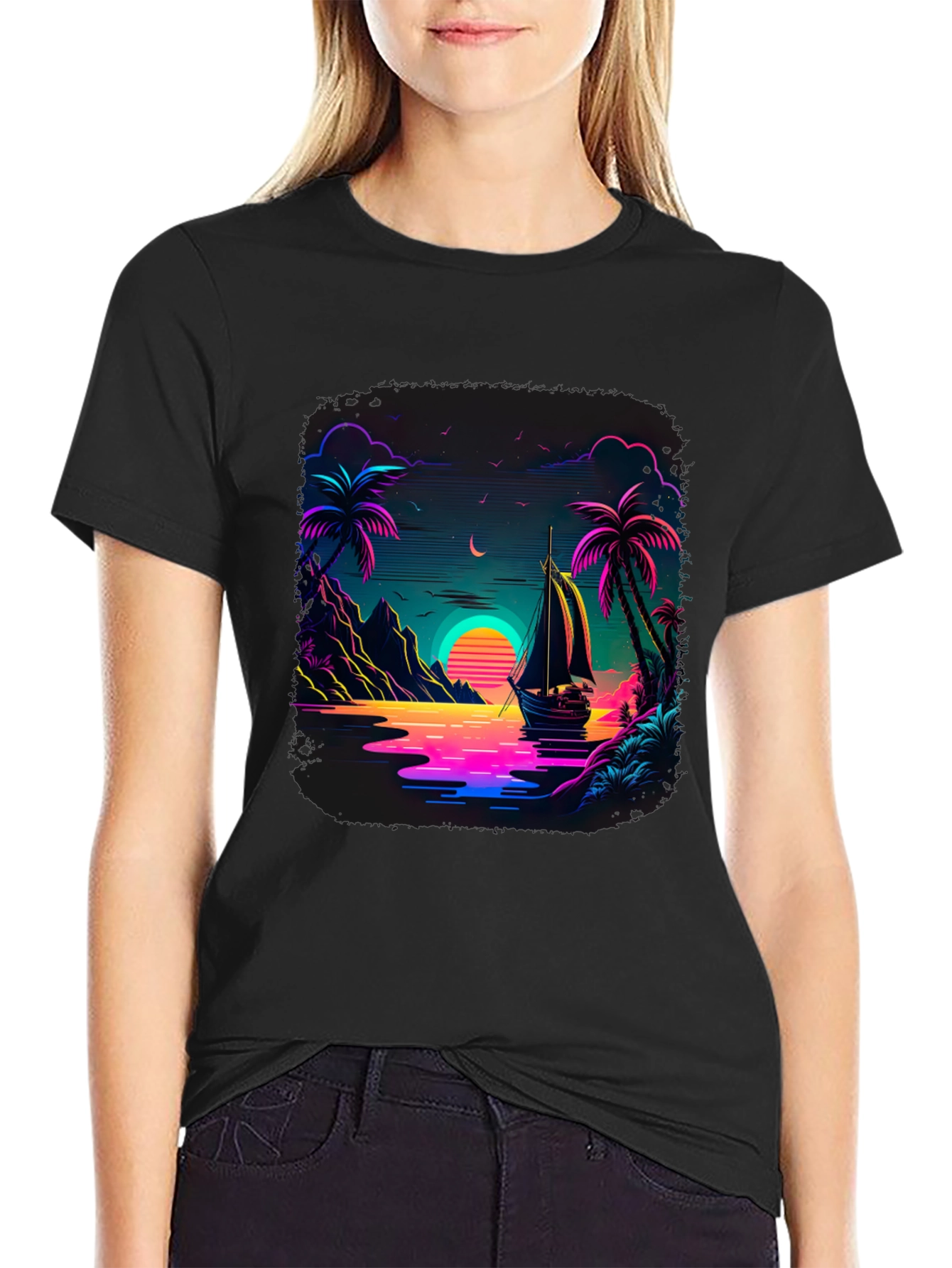 Neon Sunset Sailboat Graphic Tee
