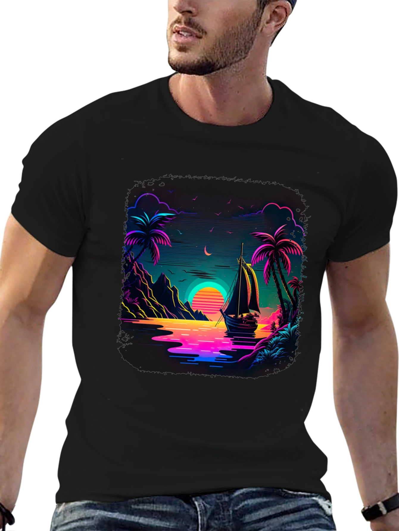 Neon Sunset Sailboat Graphic Tee