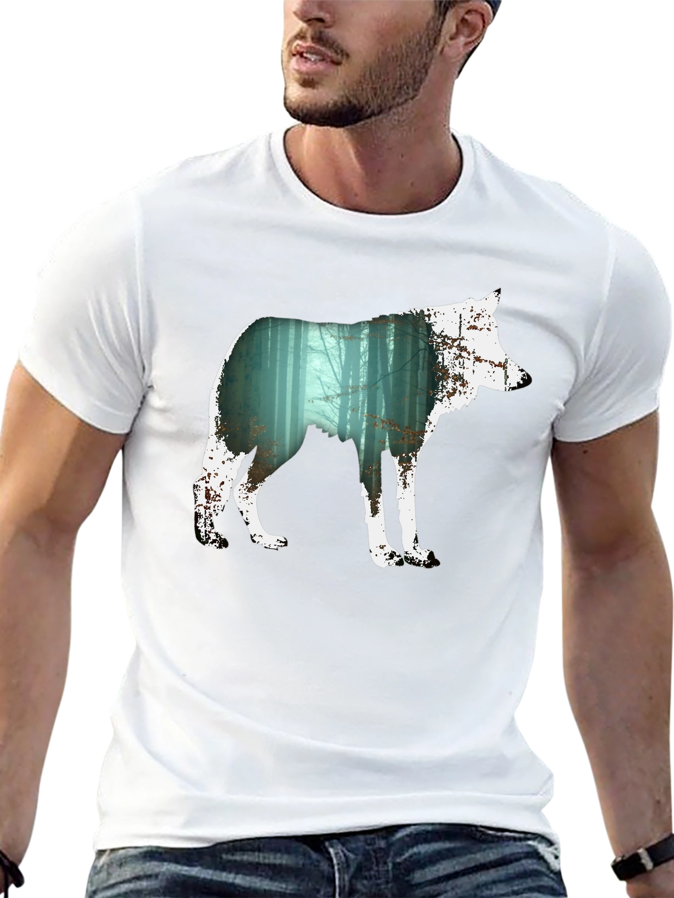 Wolf Silhouette Forest Graphic Tee - Black
