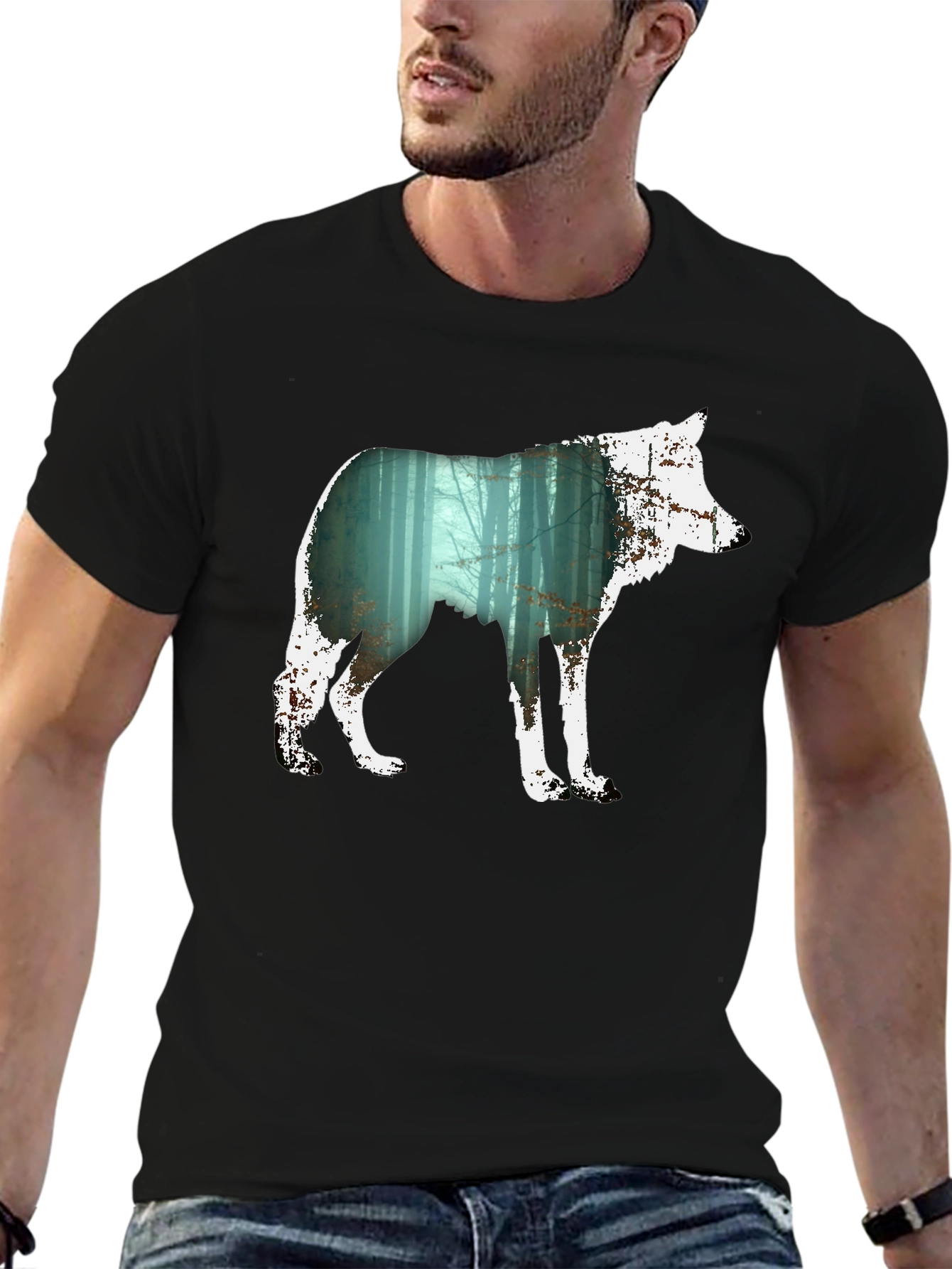 Wolf Silhouette Forest Graphic Tee - Black