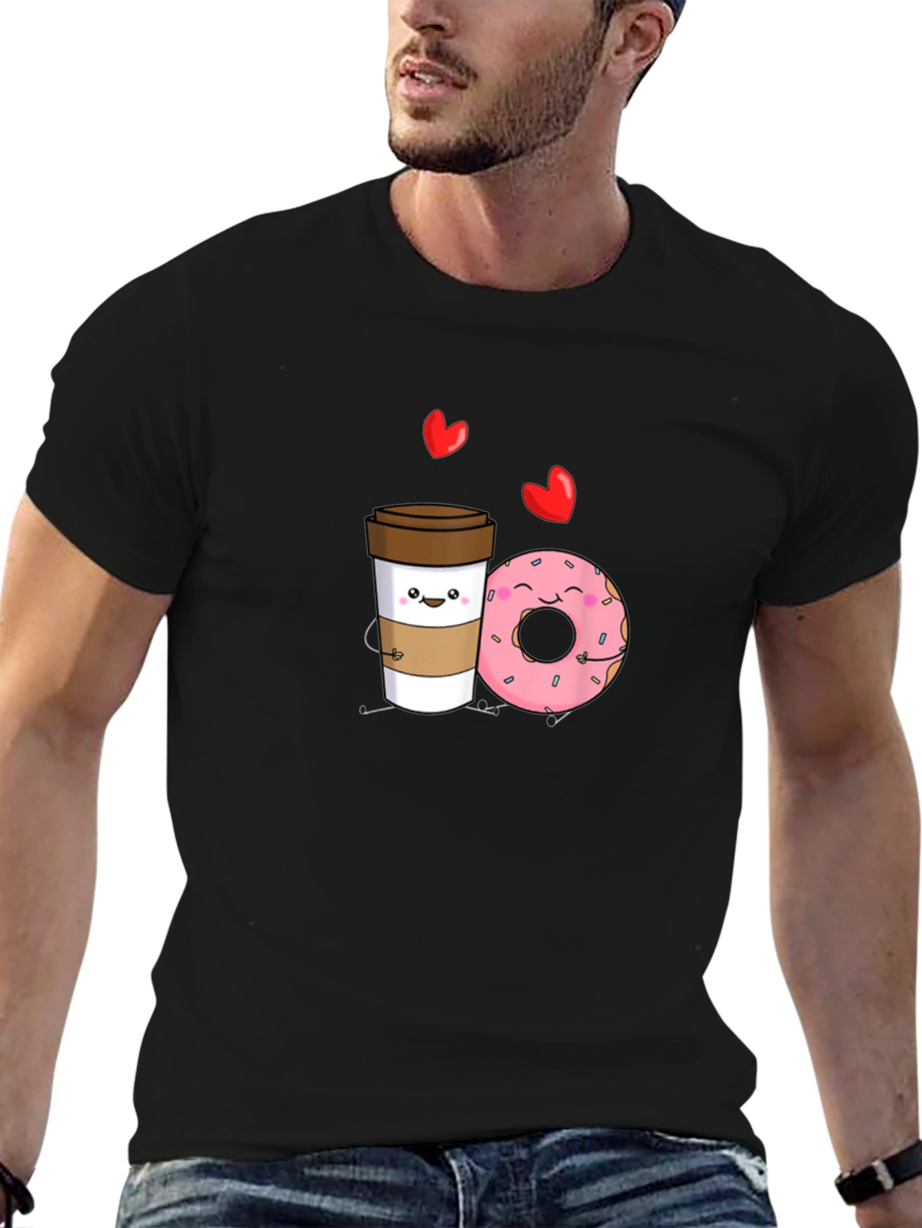 Coffee and Donut Cartoon Graphic Black T-Shirt