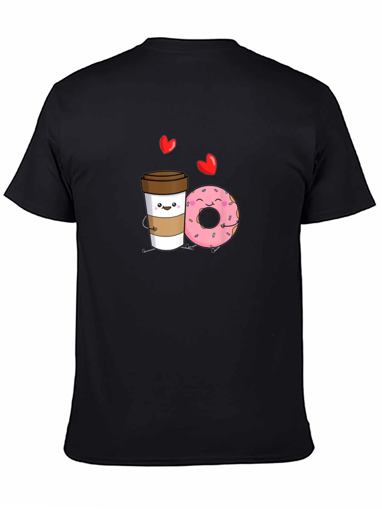 Coffee and Donut Cartoon Graphic Black T-Shirt