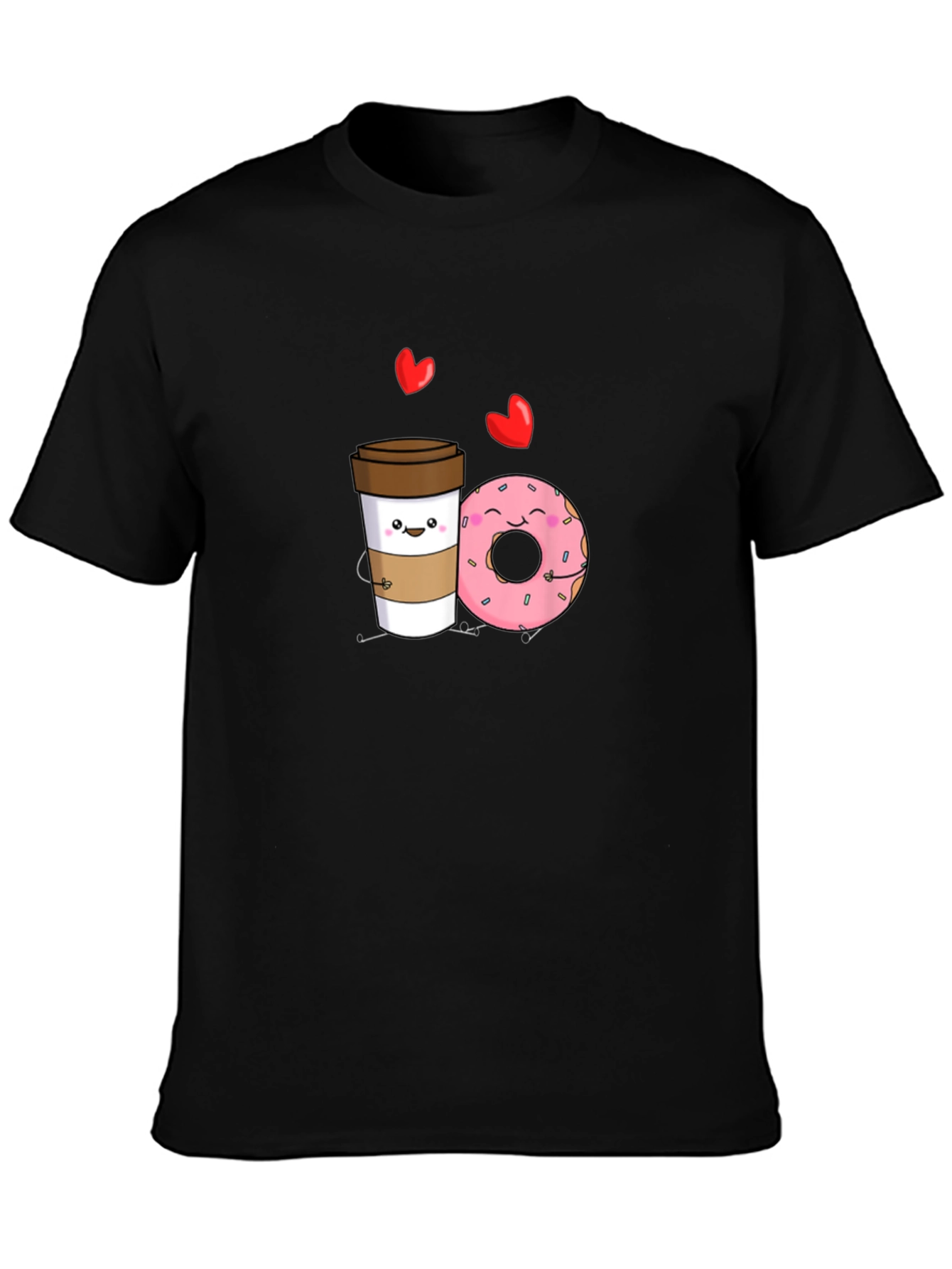 Coffee and Donut Cartoon Graphic Black T-Shirt