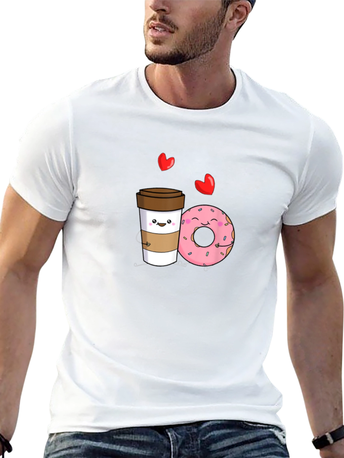 Coffee and Donut Cartoon Graphic Black T-Shirt