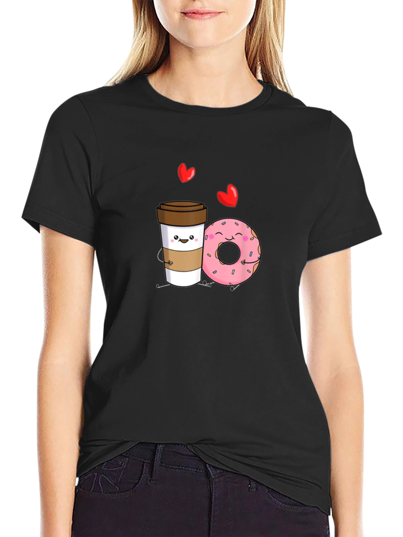 Coffee and Donut Cartoon Graphic Black T-Shirt