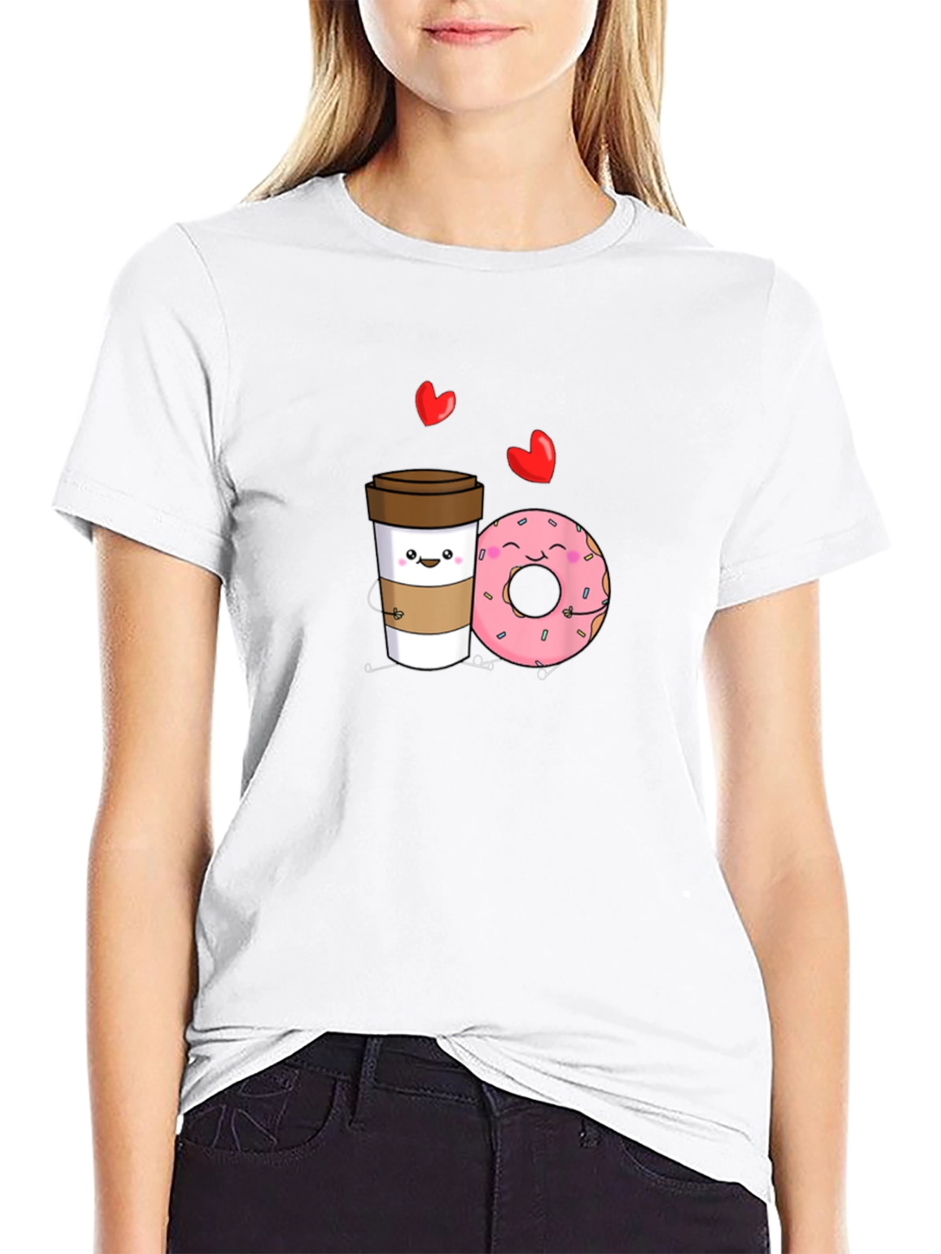 Coffee and Donut Cartoon Graphic Black T-Shirt