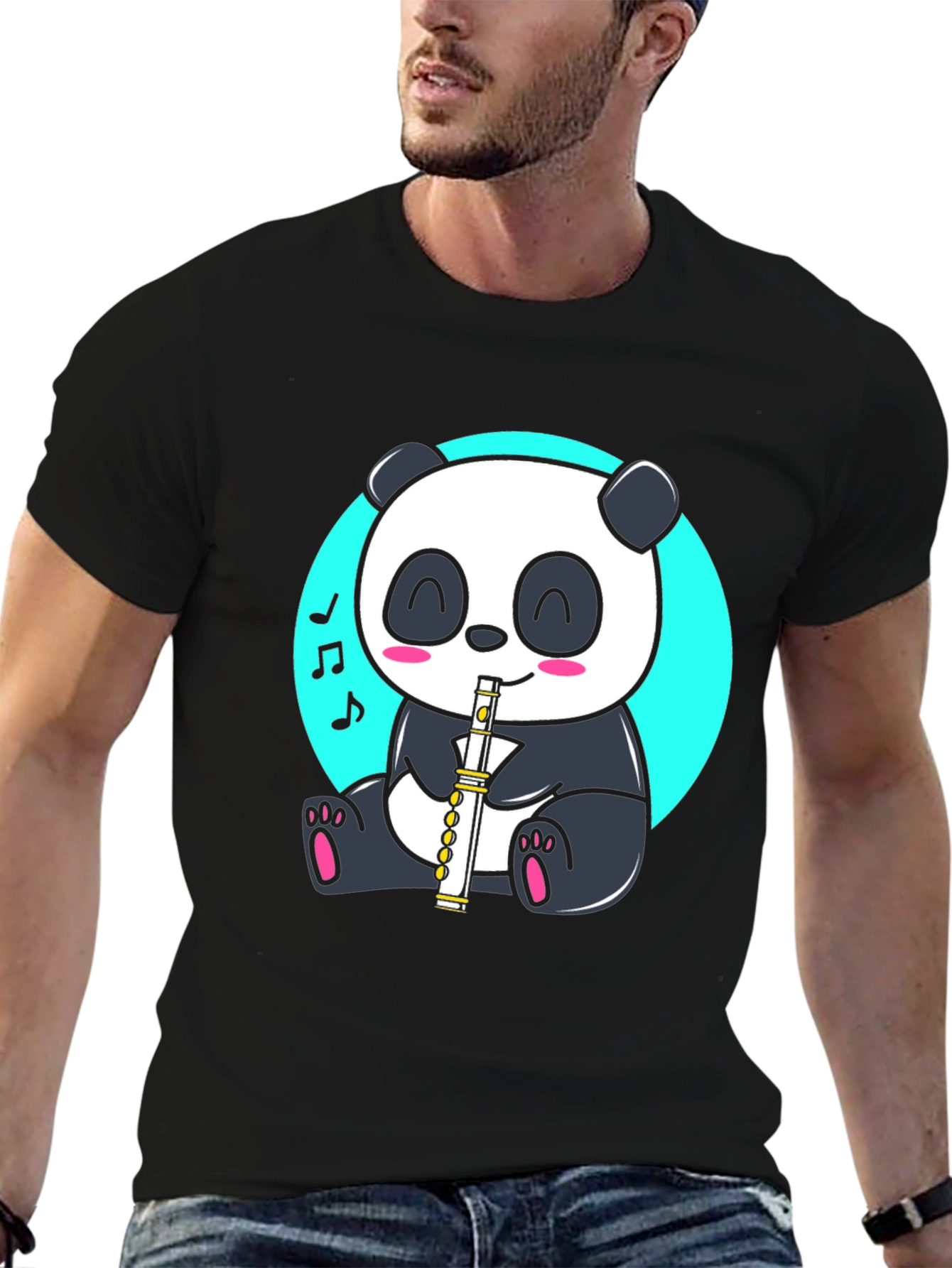 Panda Playing Flute Graphic Tee - Black