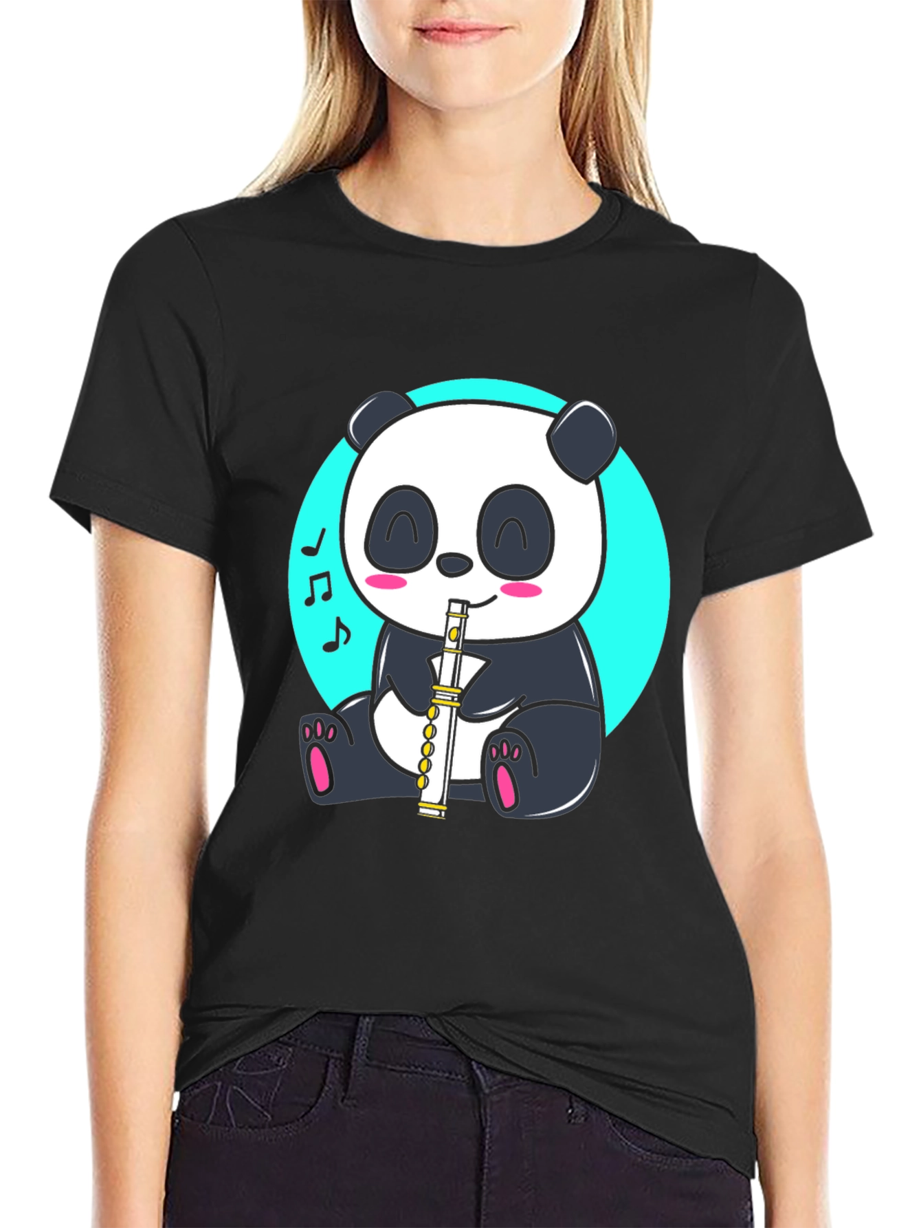 Panda Playing Flute Graphic Tee - Black