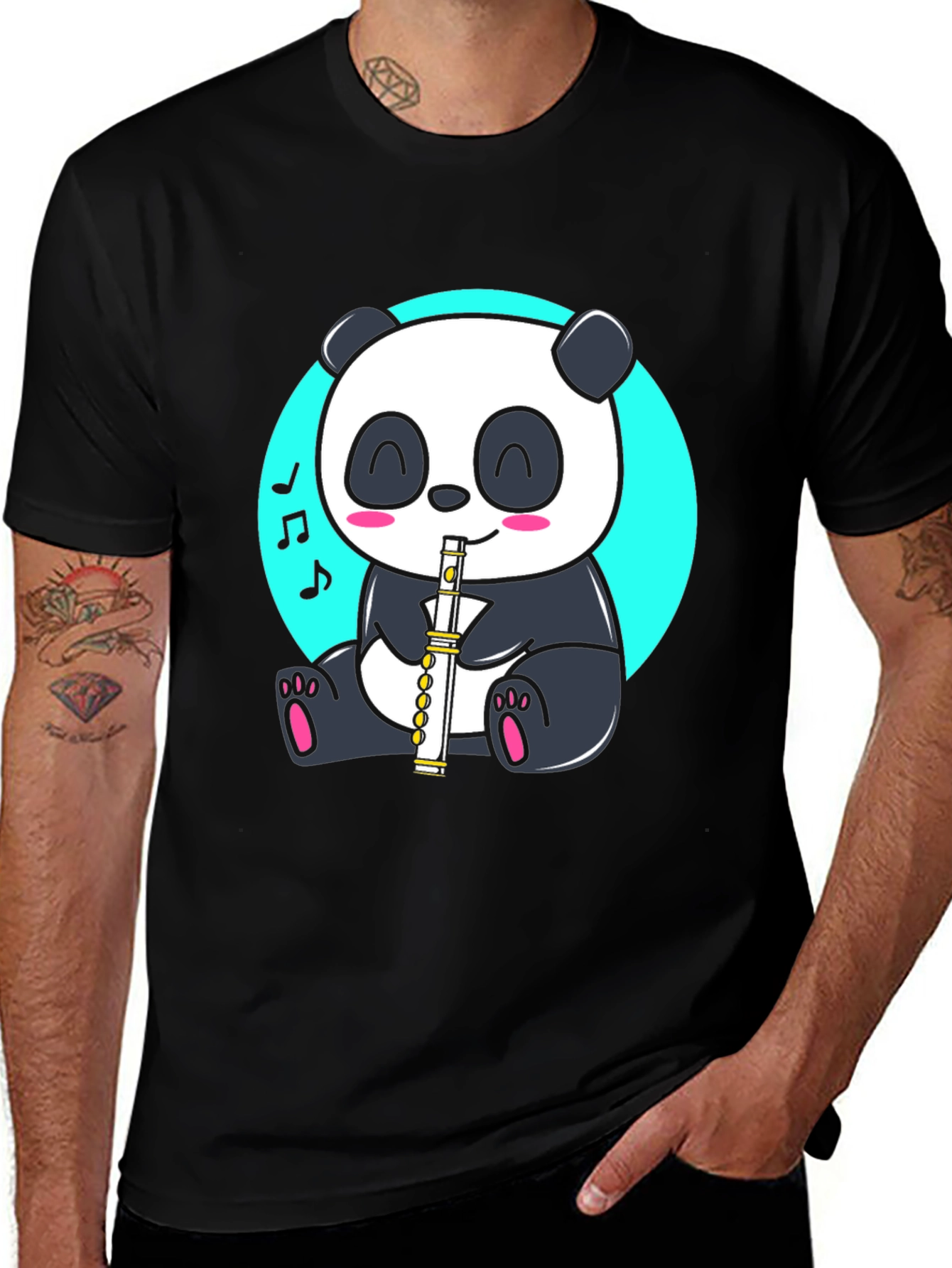 Panda Playing Flute Graphic Tee - Black