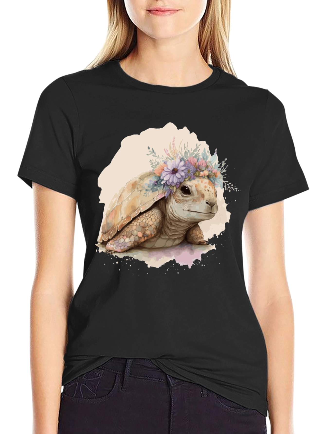 Turtle Floral Crown Graphic Tee - Black