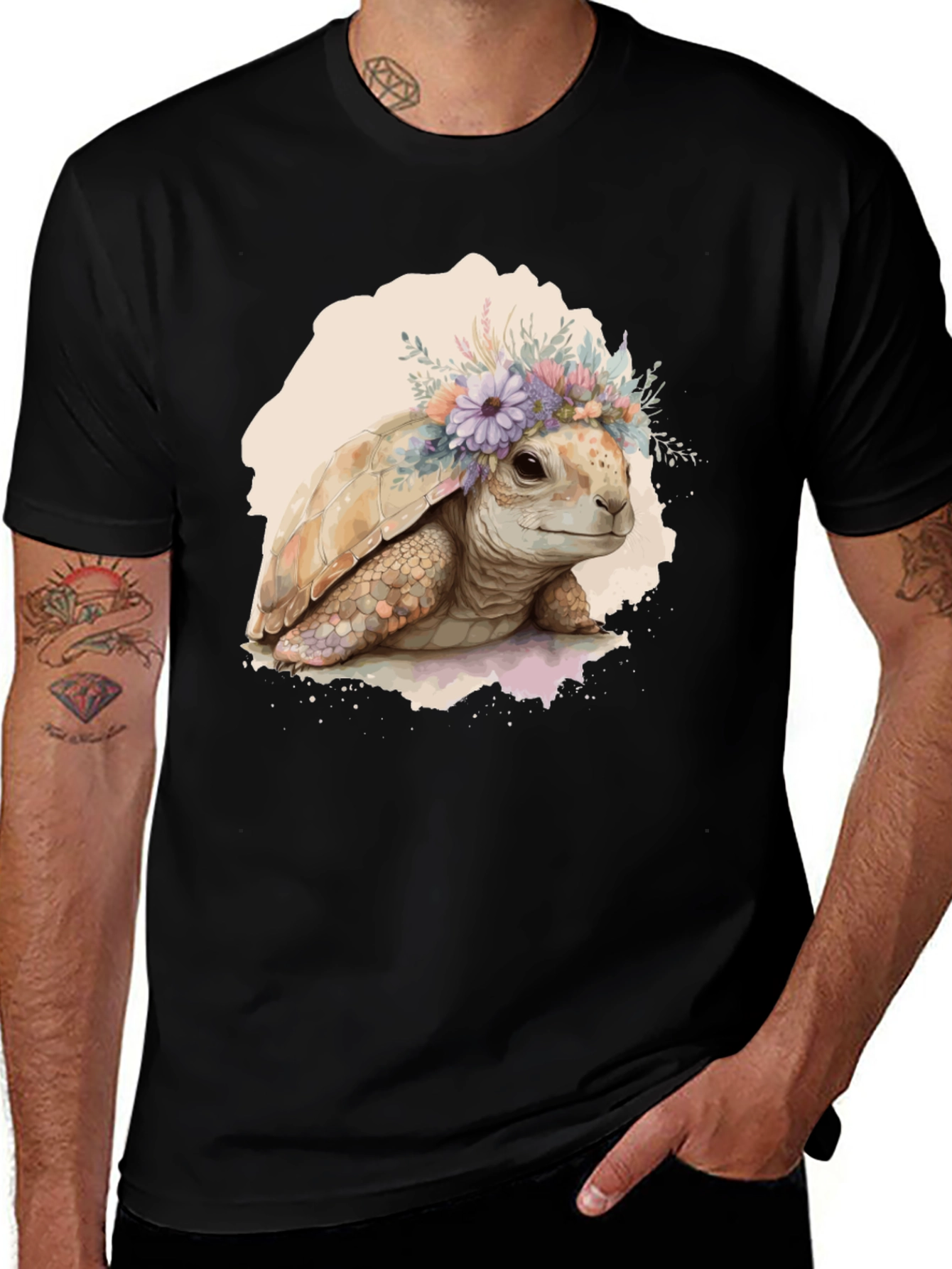 Turtle Floral Crown Graphic Tee - Black