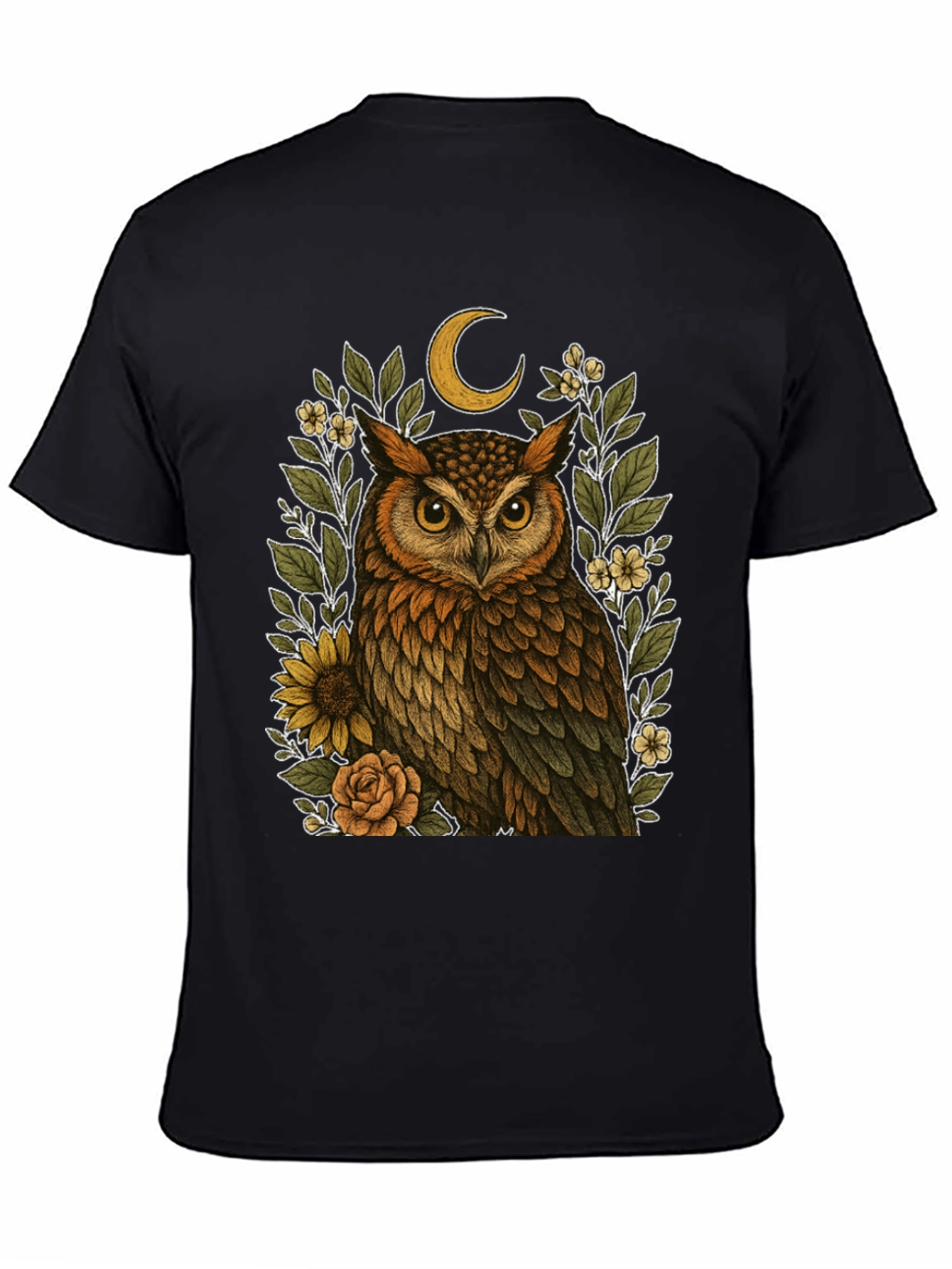 Owl & Crescent Moon Graphic Tee - Black