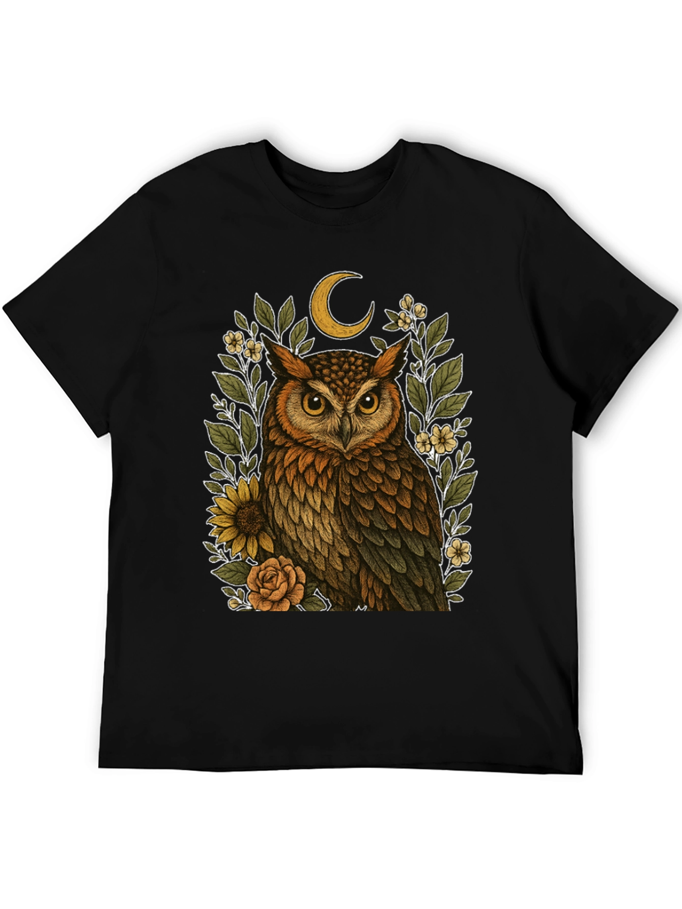 Owl & Crescent Moon Graphic Tee - Black