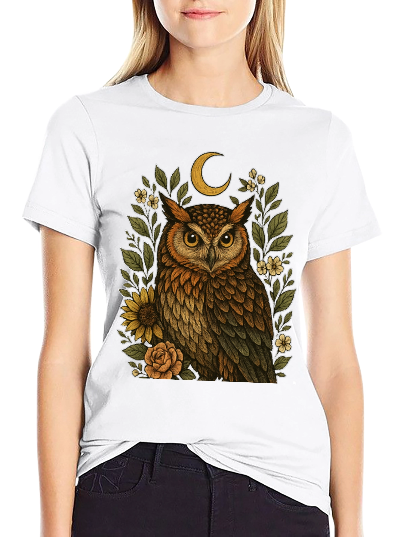 Owl & Crescent Moon Graphic Tee - Black