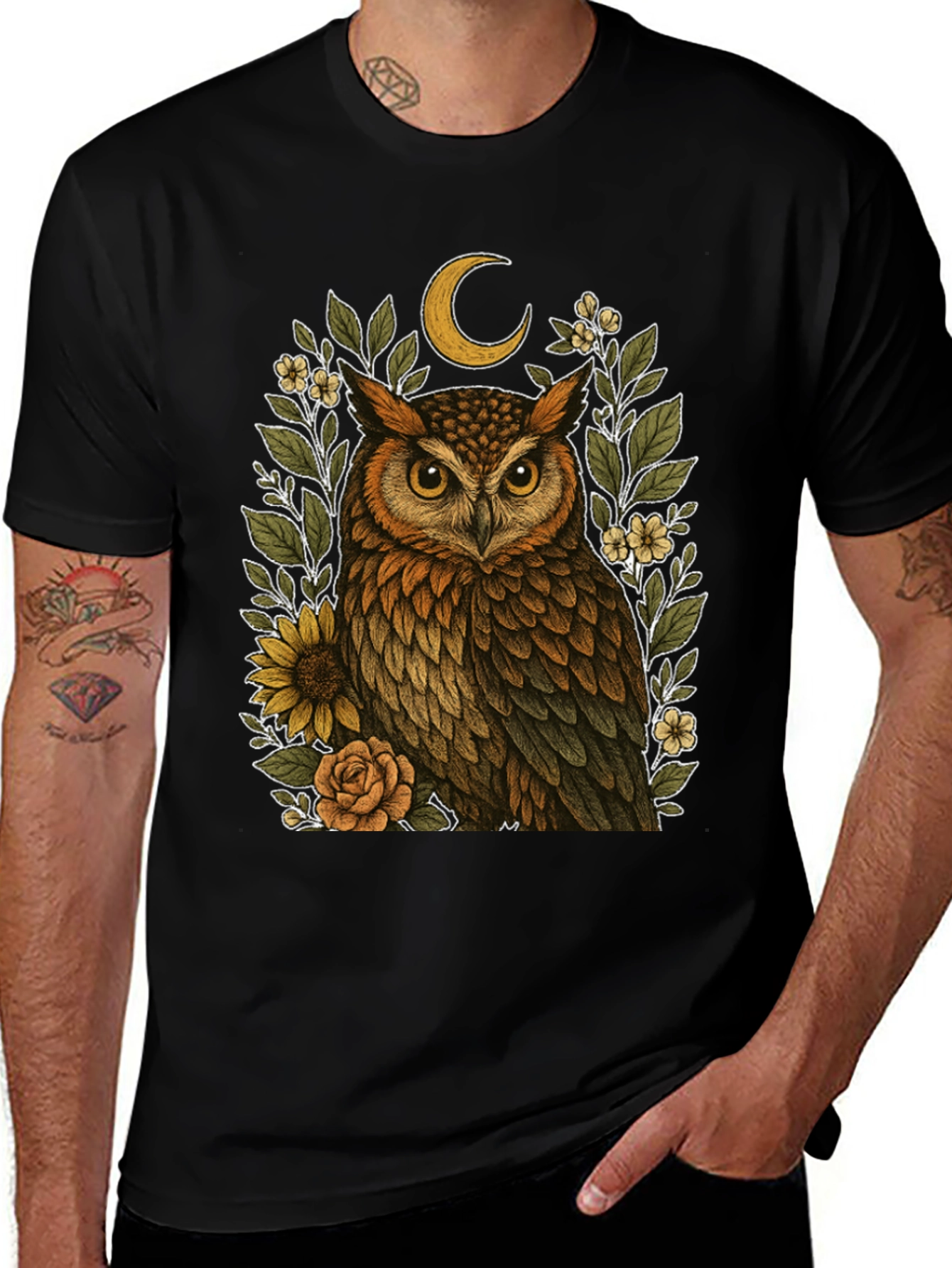 Owl & Crescent Moon Graphic Tee - Black
